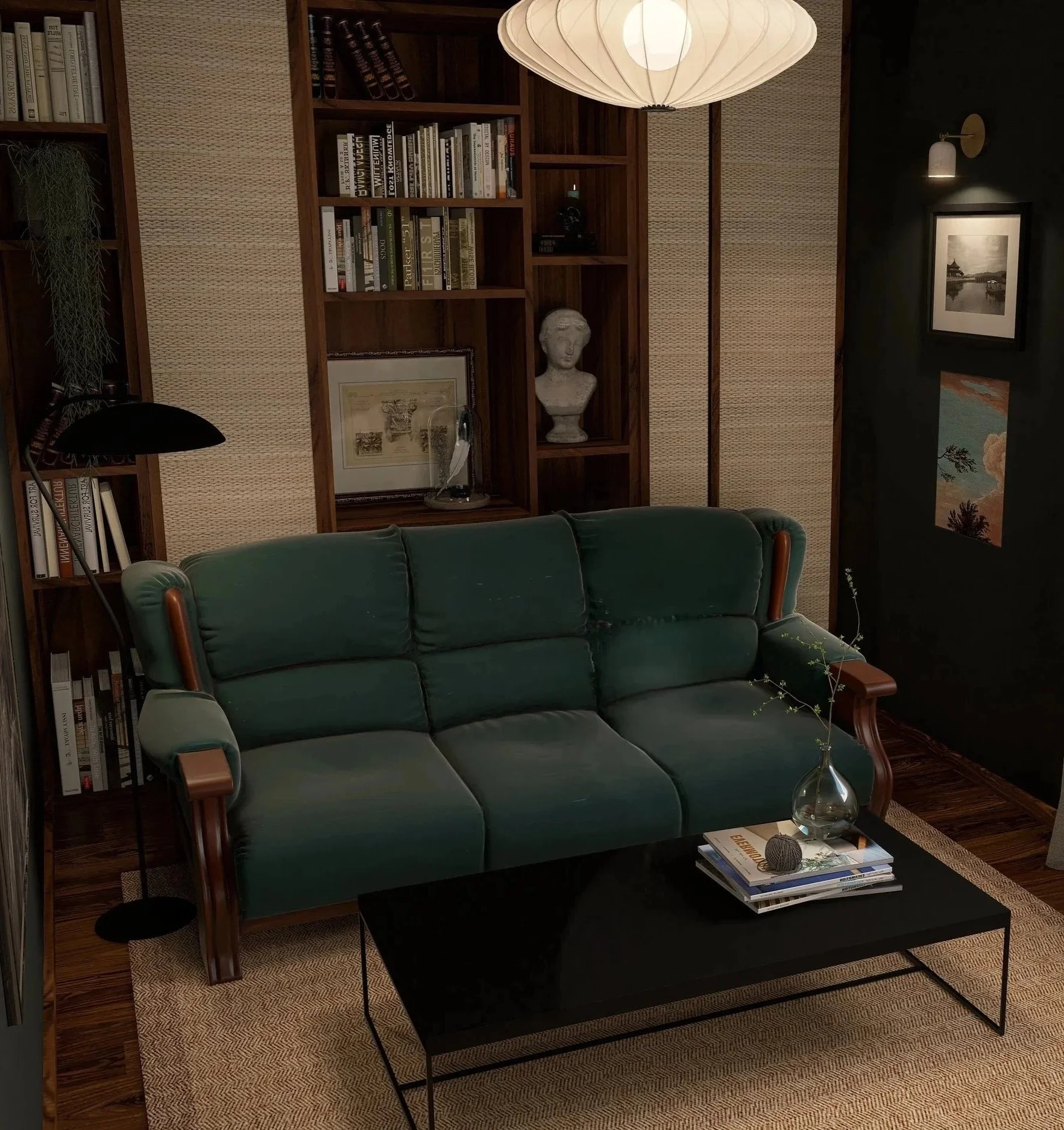 3D-Rendering eines Dark Academia Wohnzimmers von Julia Heeke Interior – mit dunkelgrünem Samtsofa, Holzbücherregal mit Büsten und Kunstbüchern, schwarzem Couchtisch und warmem Licht einer Pendelleuchte.