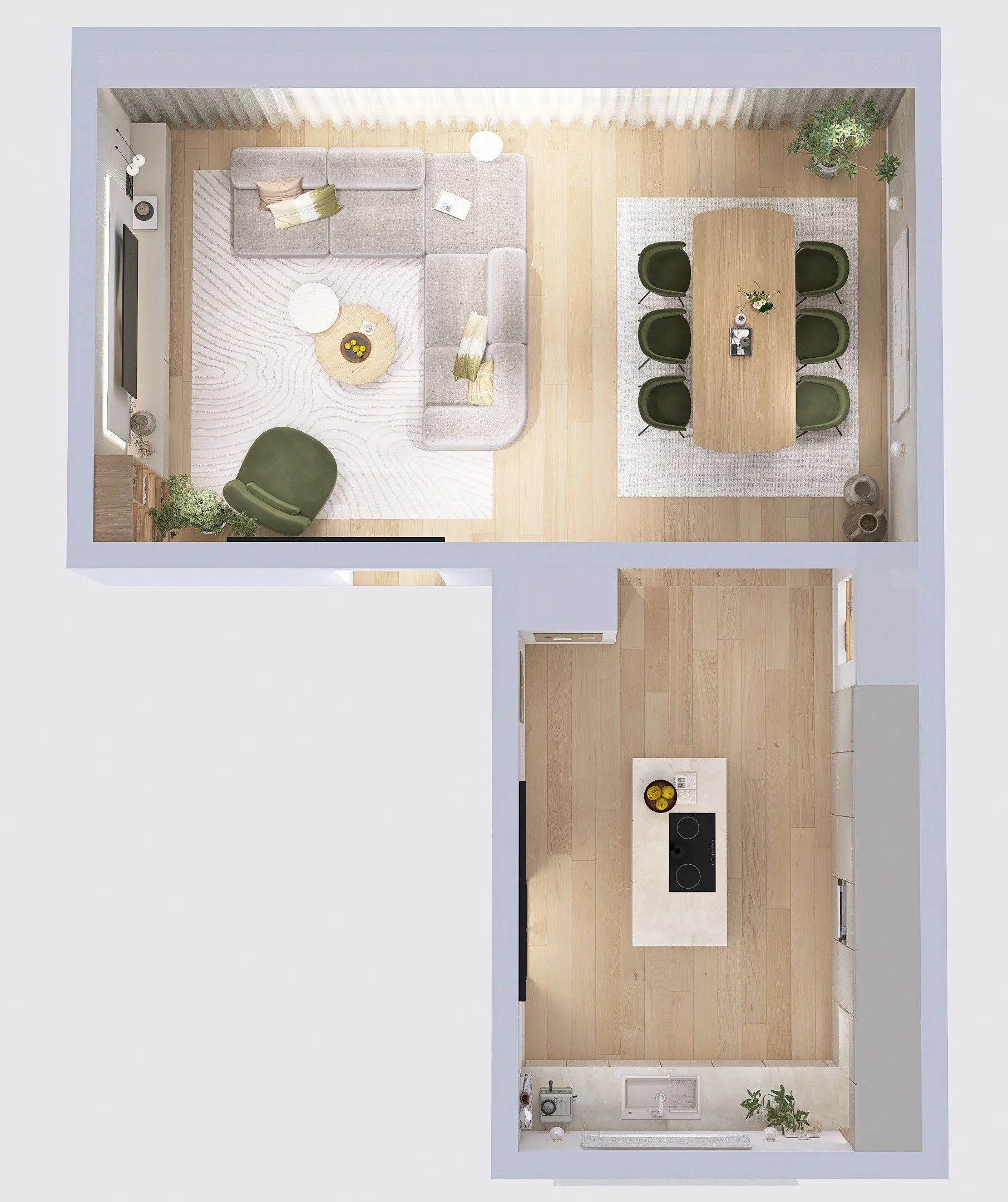 Green Zen Home - Japandi inspiriertes Interior Design mit Renderings - 3D Rendering als Draufsicht des Grundrisses