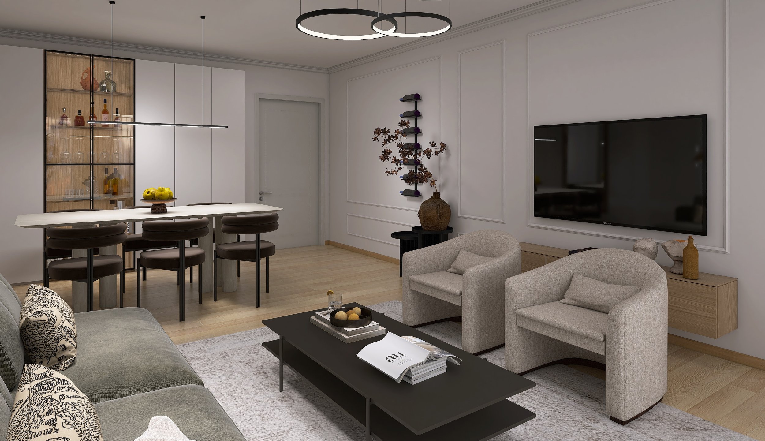 Rendering helles Wohnzimmer mit Esstisch