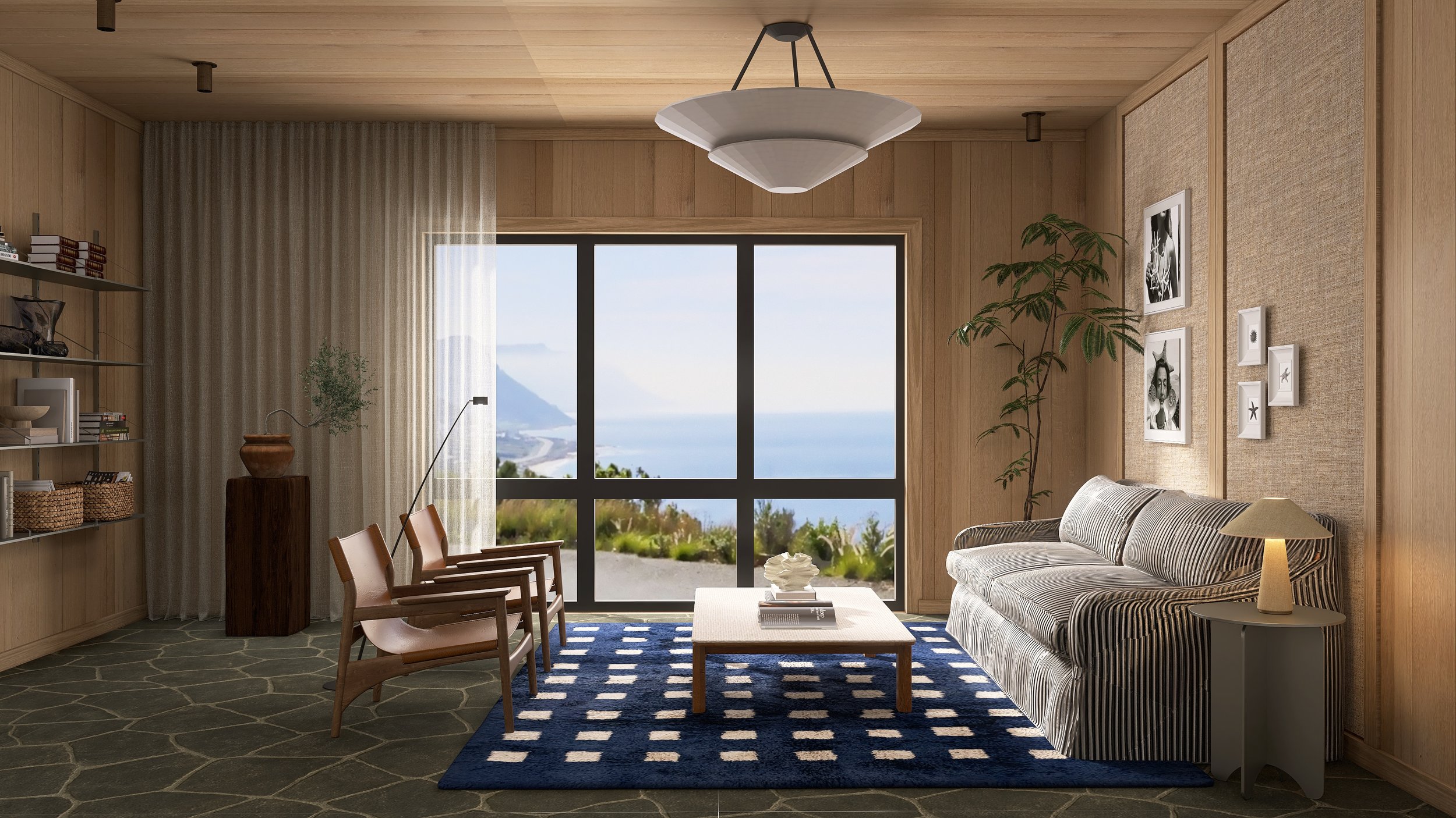 Pendelleuchte, Panoramafenster mit Meer/Berg, Sofa, 2 Sessel, Couchtisch