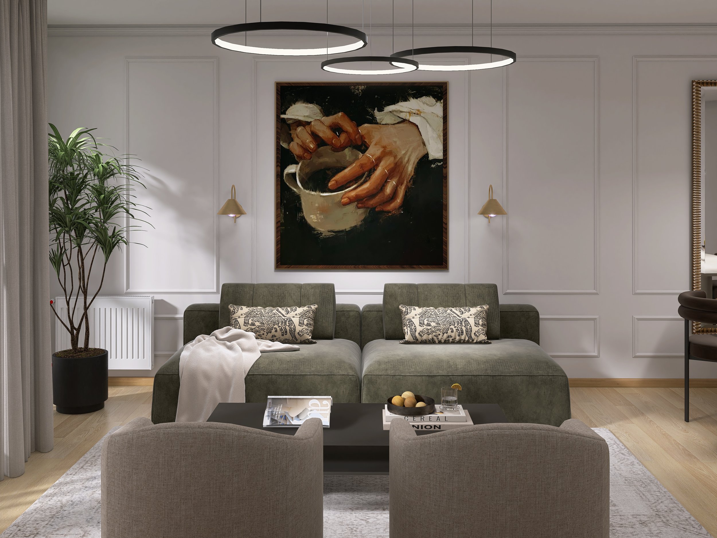 Rendering elegantes Wohnzimmer mit grüner Couch und Ölgemäde an der Wand