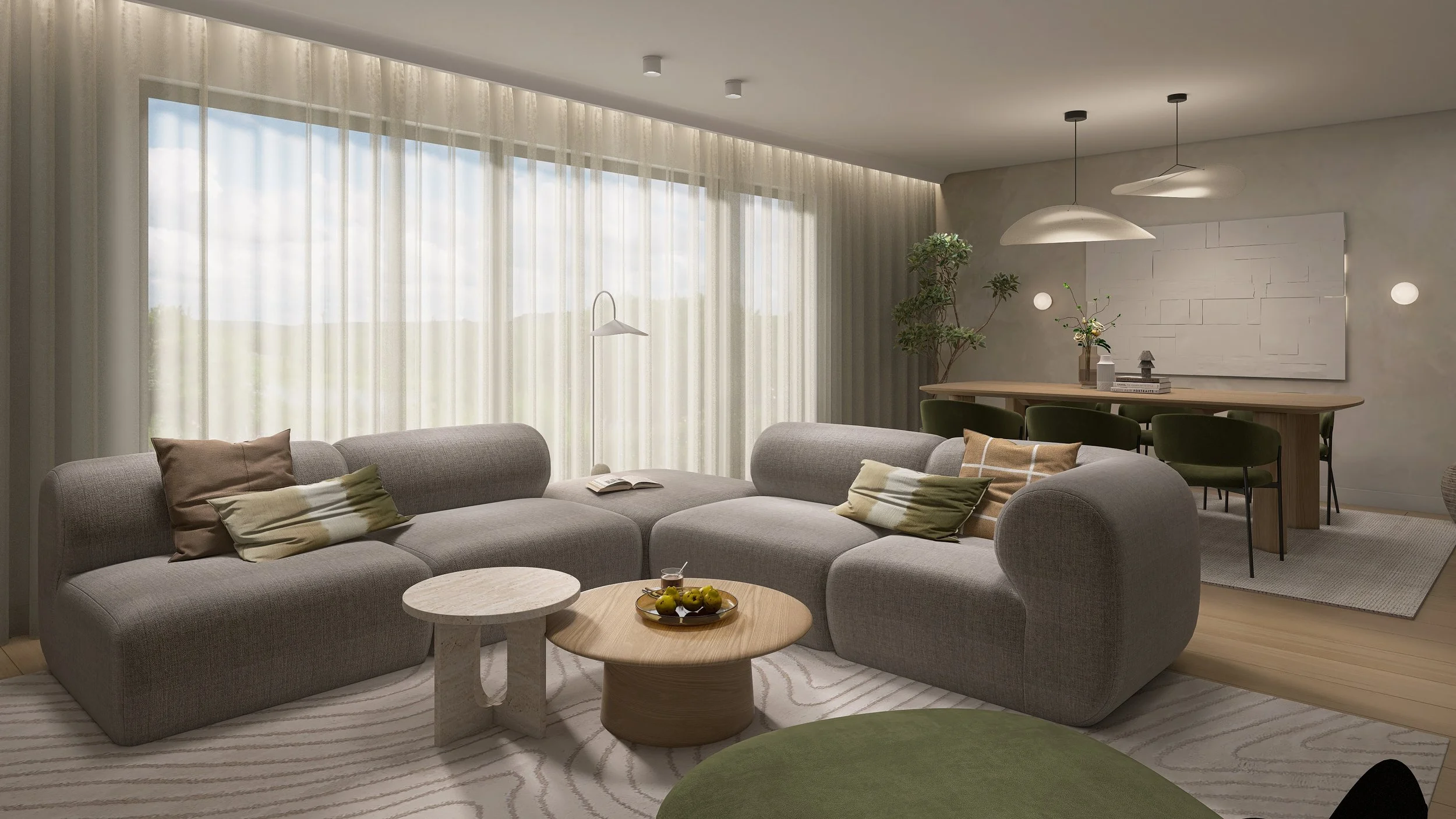 Green Zen Home - Japandi inspiriertes Interior Design als 3D-Rendering - Holzesstisch mit modularer minimalen Couch & Akzenten in Samtgrün