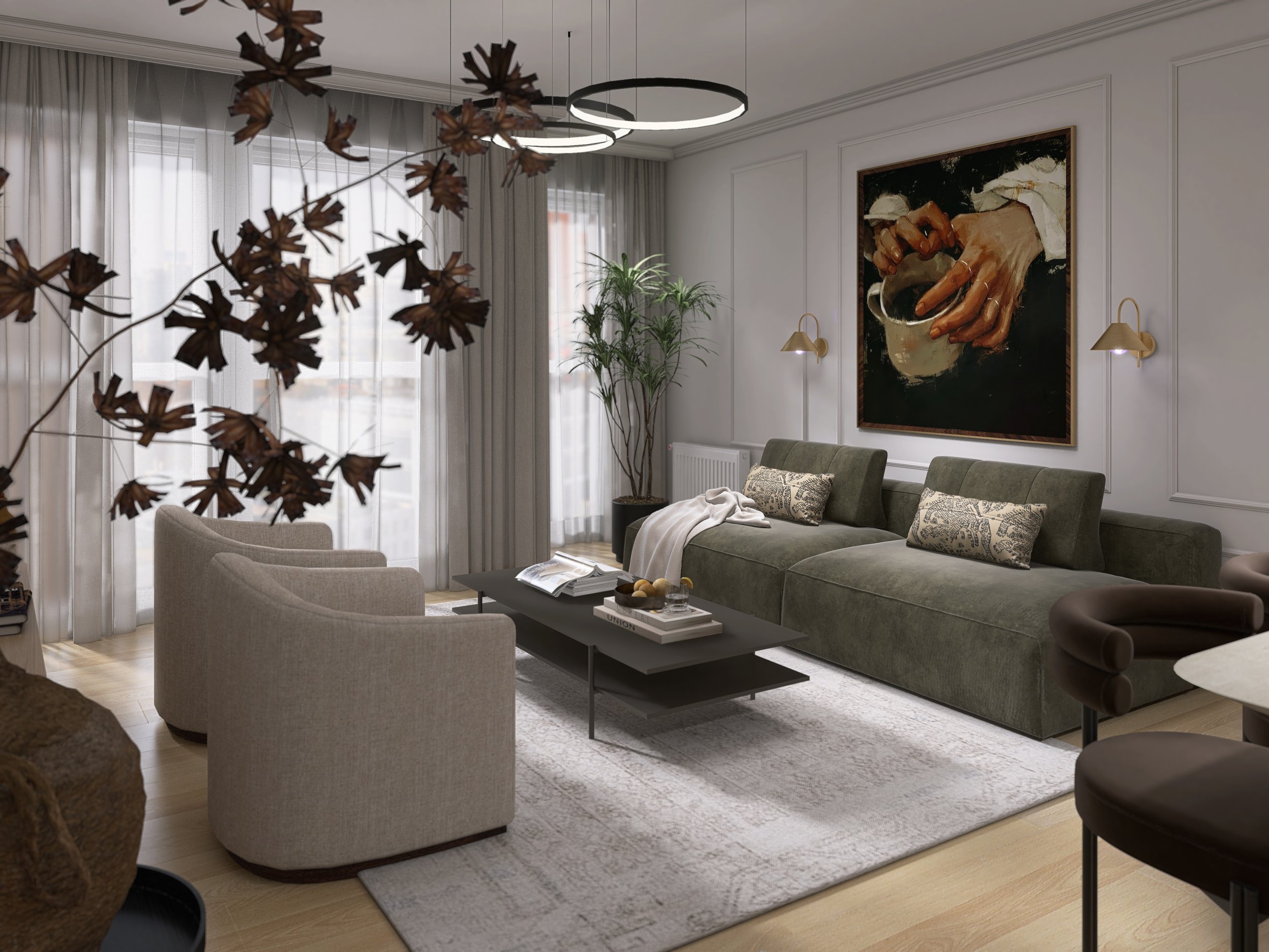 Rendering eines elegant minimalistischen Wohnzimmers mit grünem Sofa und Ölgemälde
