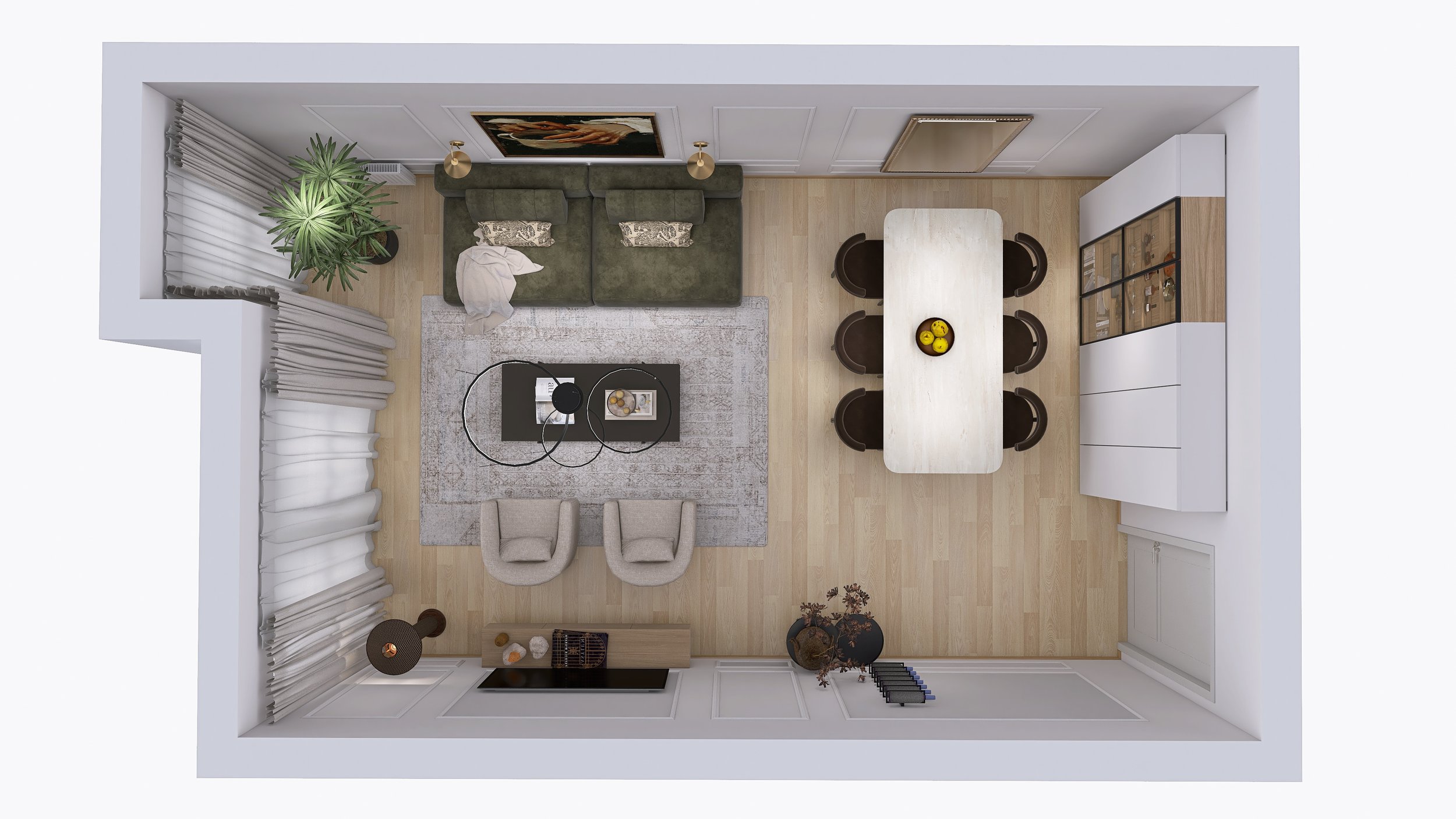 Rendering einer Grundriss-Ansicht eines Wohnzimmers mit Esstisch