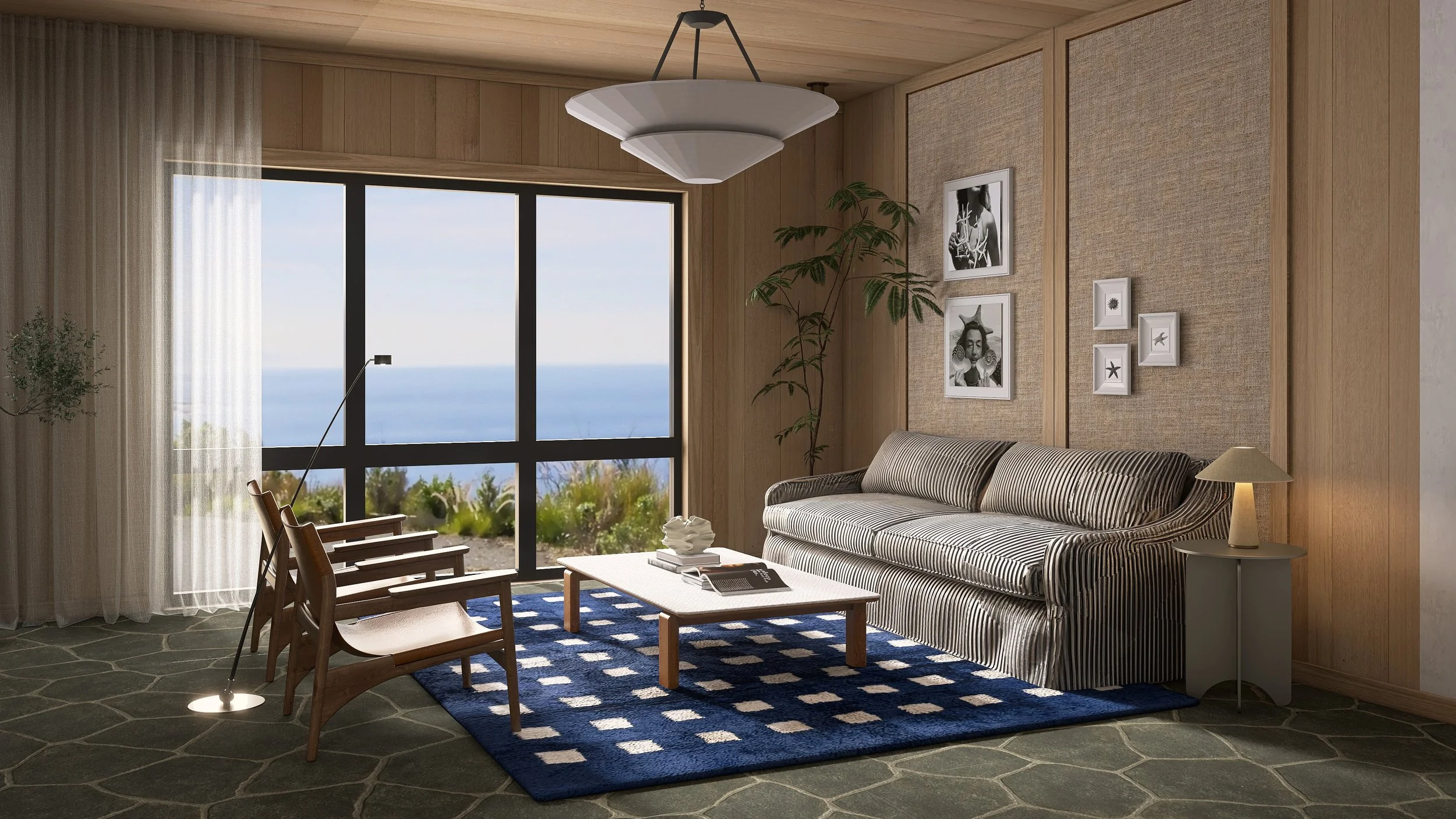 Pendelleuchte, Panoramafenster Meer/Berg, Sofa (Fokus auf Sofa statt Sesseln)