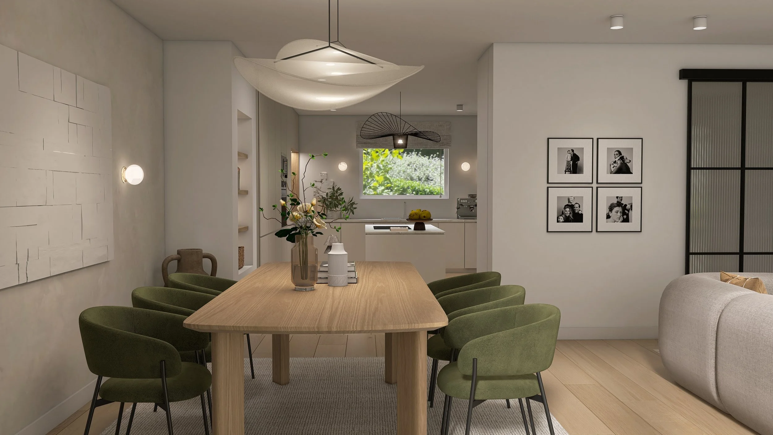 Green Zen Home - Japandi inspiriertes Interior Design als 3D-Rendering - Holz Esstisch mit grünen Samtstühlen und heller Dekoration