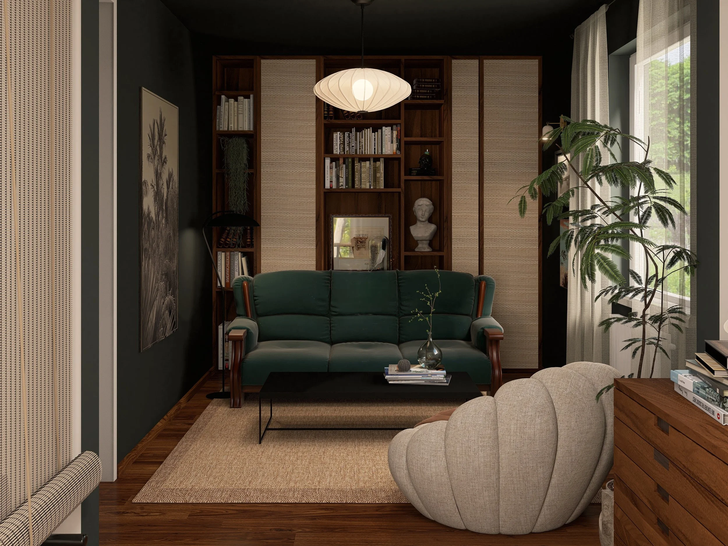 Interior Design Soft Academia Studio & Lounge Rendering Ansicht Sofa und Einbauregal Frontal Wohnbereich