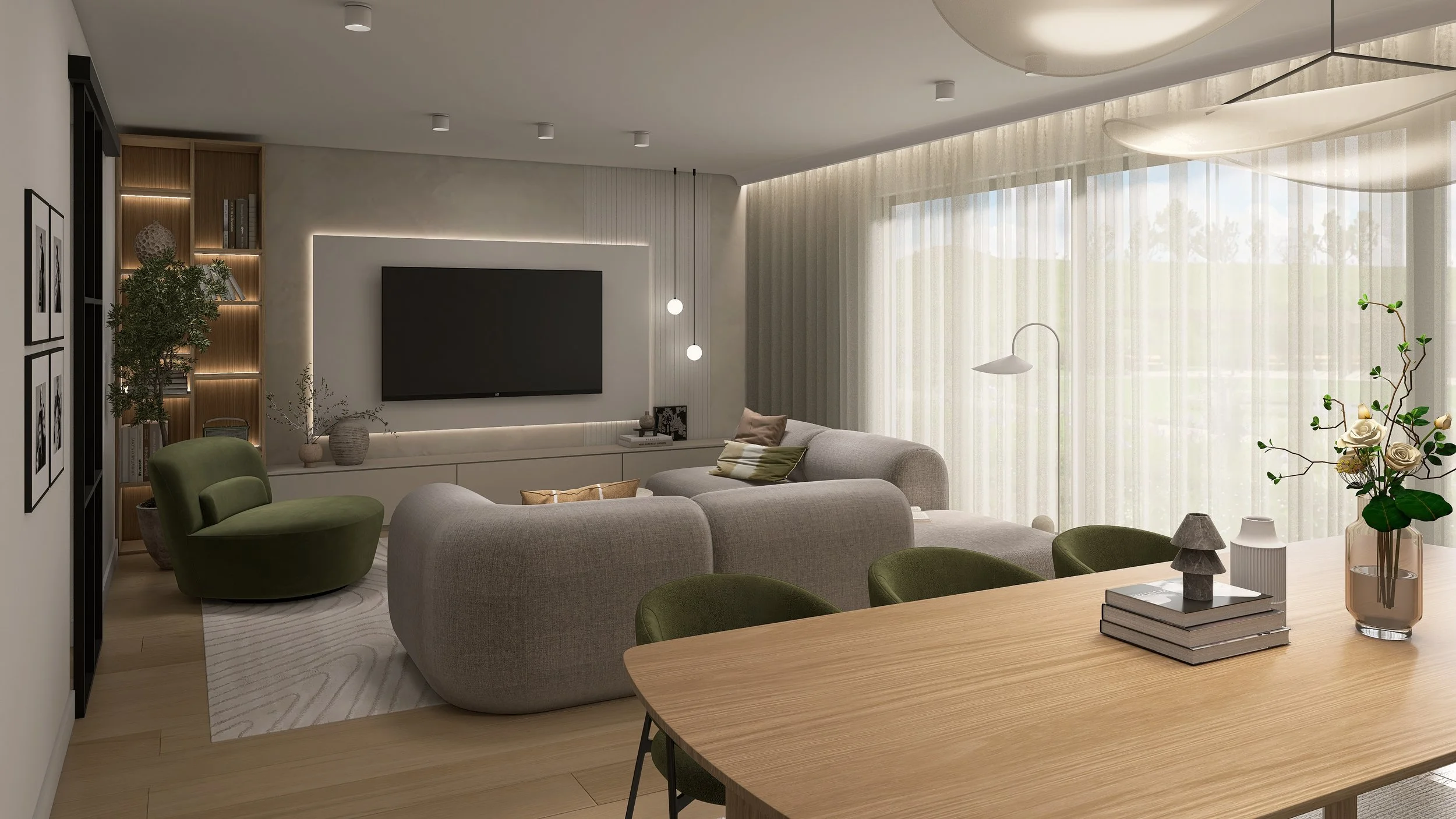 Green Zen Home - Japandi inspiriertes Interior Design als 3D-Rendering - moderne Wohnwand mit modularer minimalen Couch & Akzentsessel in Samtgrün
