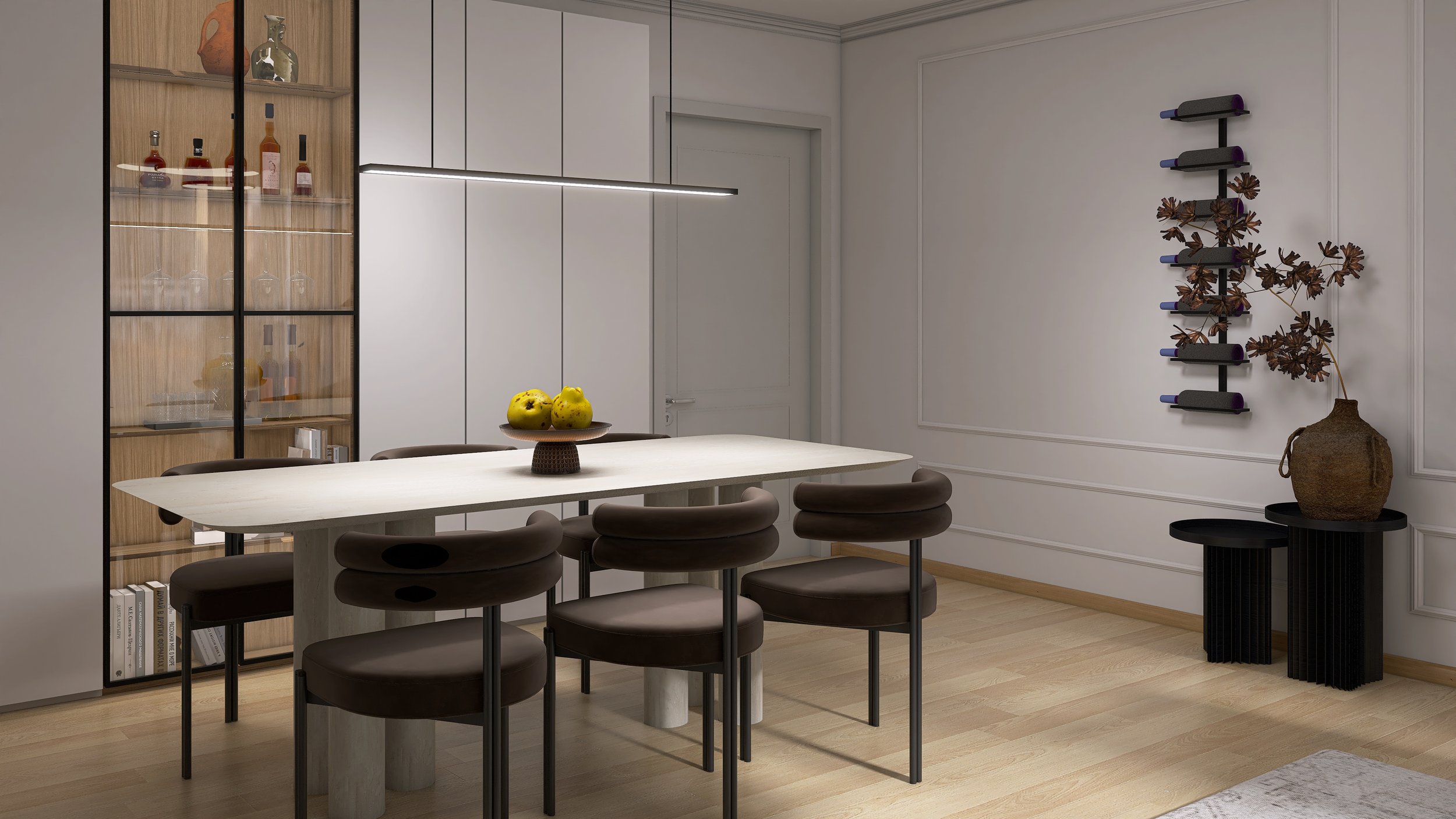 Rendering Esszimmer heller Esstisch dunkle Stühle