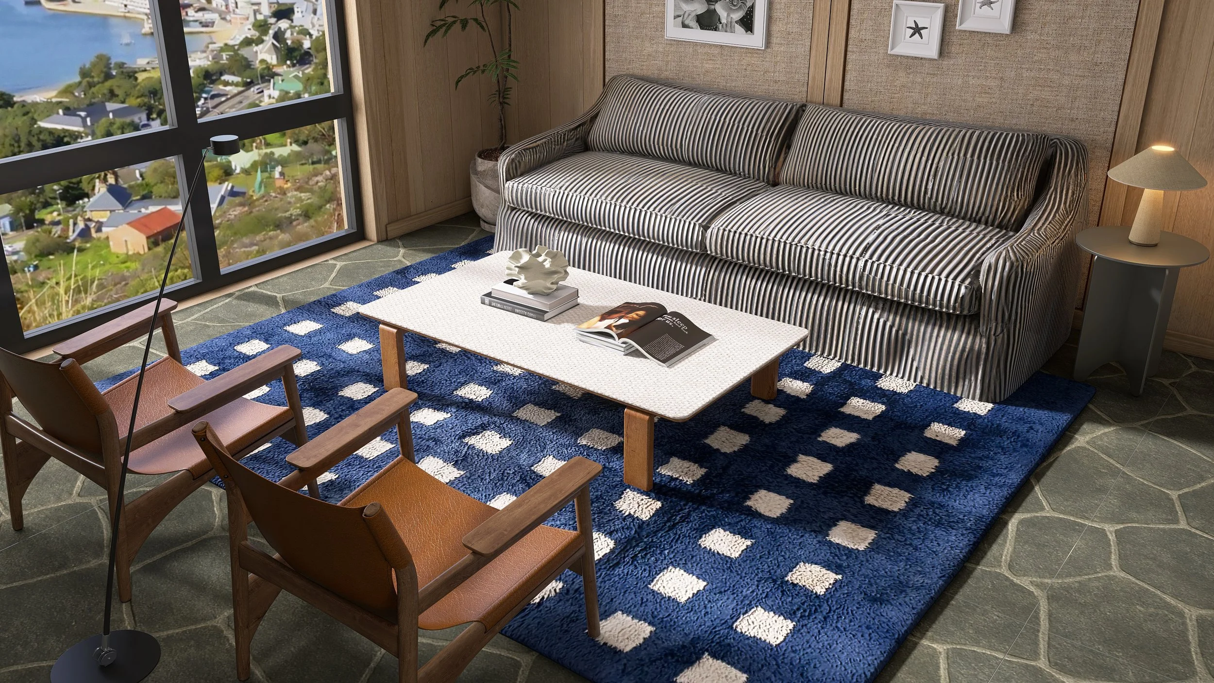 Sofa mit Kissen, Couchtisch (im Fokus), Sessel, Teppich