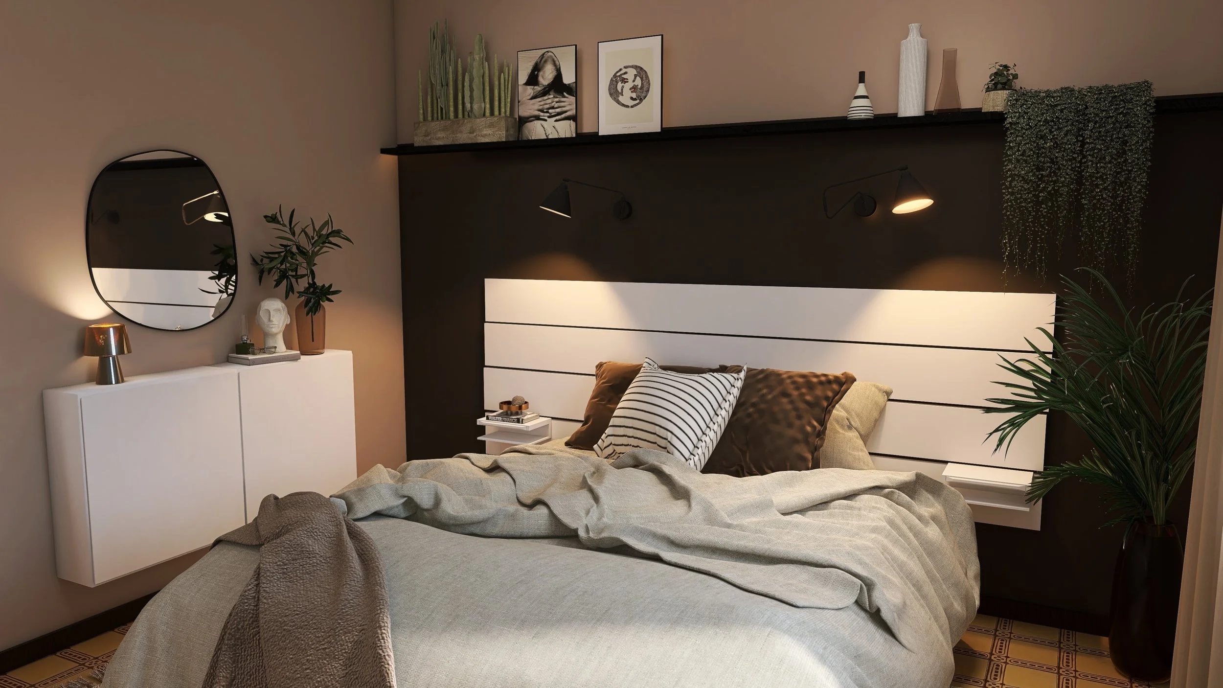 Modernes Schlafzimmer mit schwarzem Akzentwand, weißen Wandlampen, üppigen Pflanzen, einer weißen Tapete an der Kopfseite des Bettes, und dekorativen Vasen und Bildern auf einem Regal.