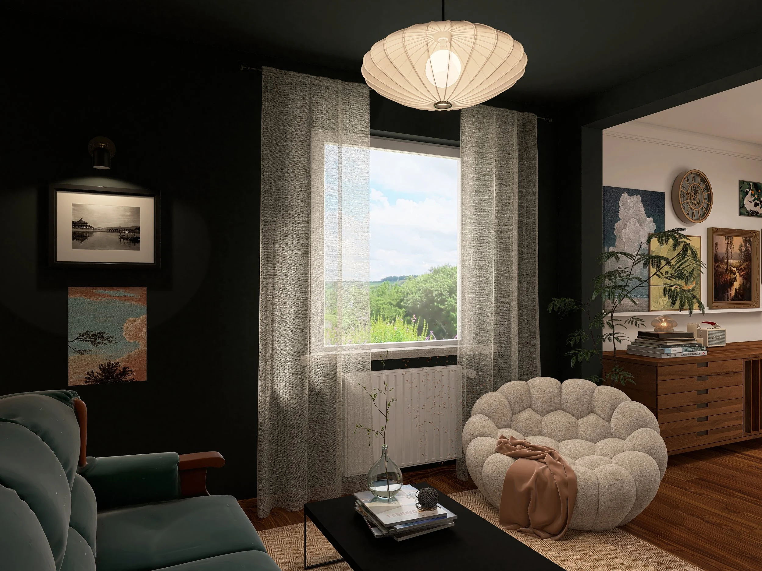 Interior Design Soft Academia Studio & Lounge Rendering Ansicht aus dem Fenster vom Sofa aus mit Couchtisch und Sessel