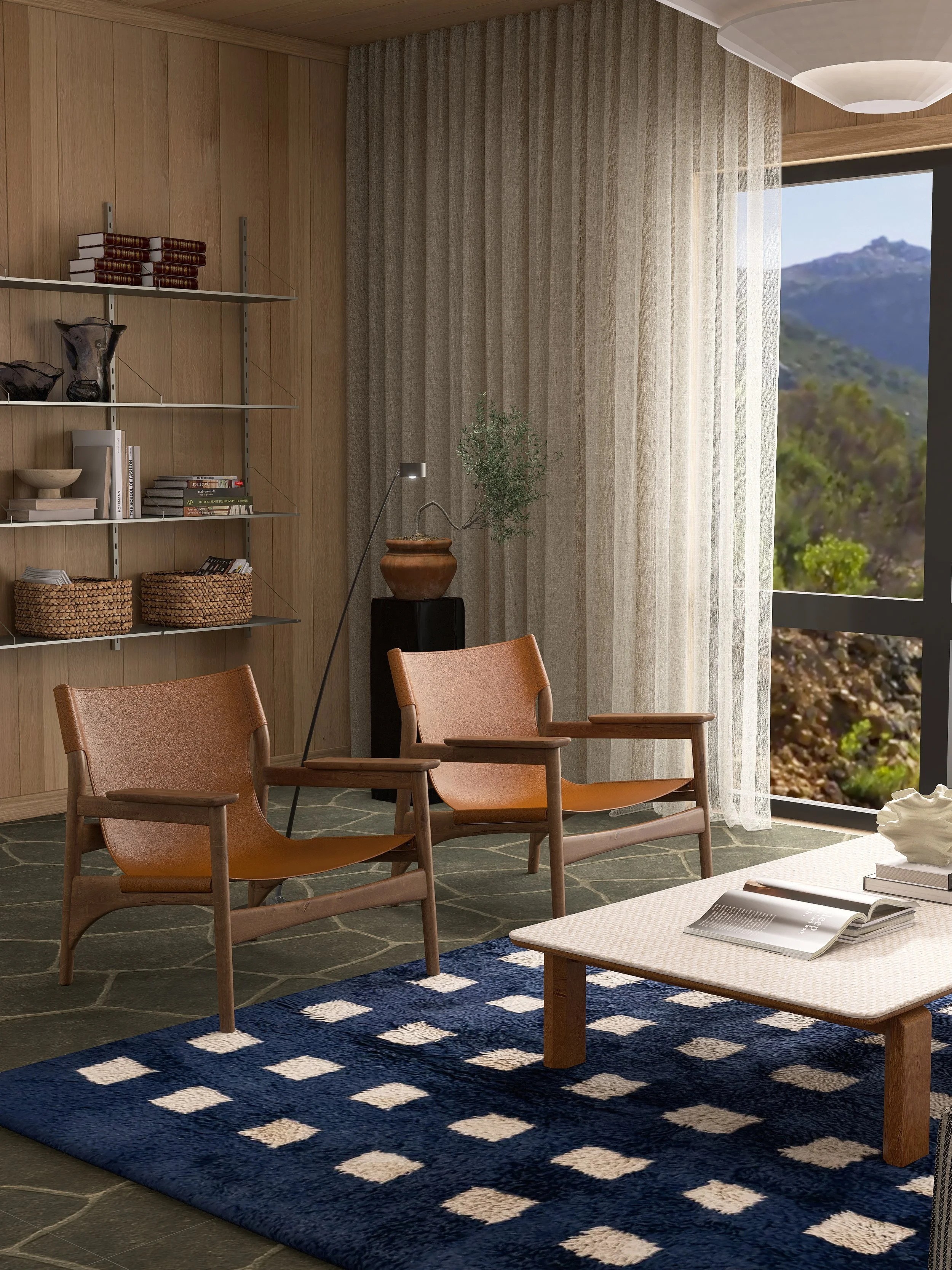 Regalwand, Sessel, Couchtisch, helles Fenster