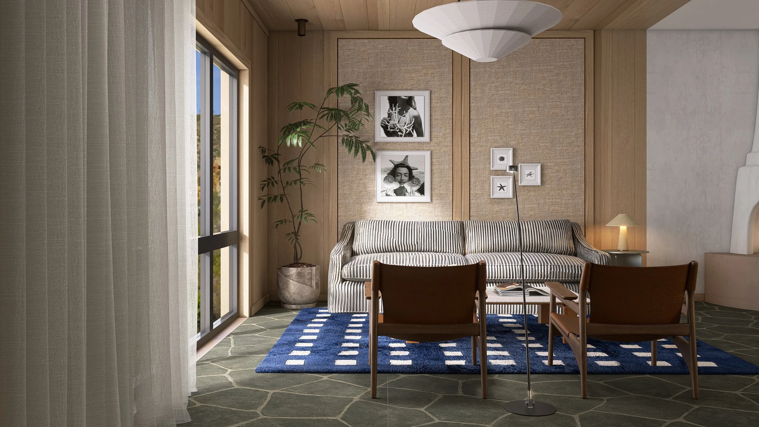 Fensterfront, Leinensofa gestreift, Midcentury-Holzsessel, Pflanze, Naturfaserpaneele