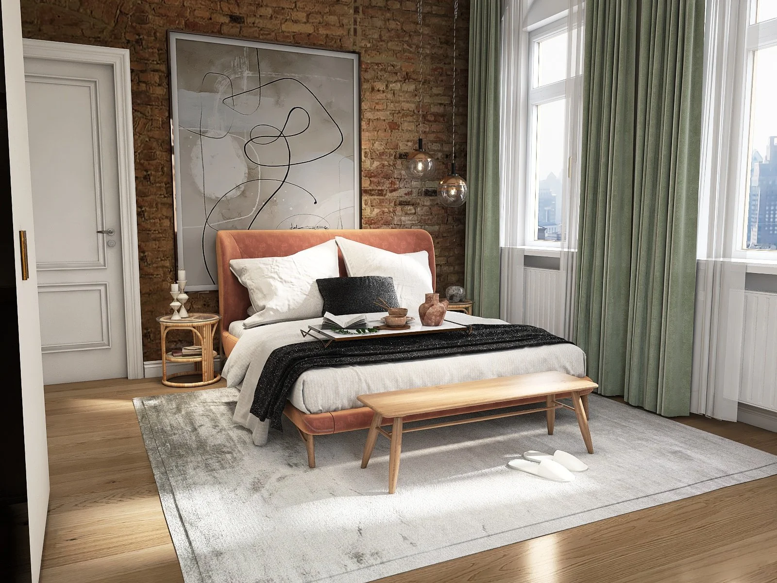 Ein modernes Schlafzimmer mit einem weißen Bett, rosa Kopfteil, schwarzen und weißen Kissen, einem hellen Holztisch, einer Wand mit Backsteinoptik, einem abstrakten Kunstwerk, grünen Vorhängen, einem großen Fenster und einer hellen Teppich auf Holzboden.