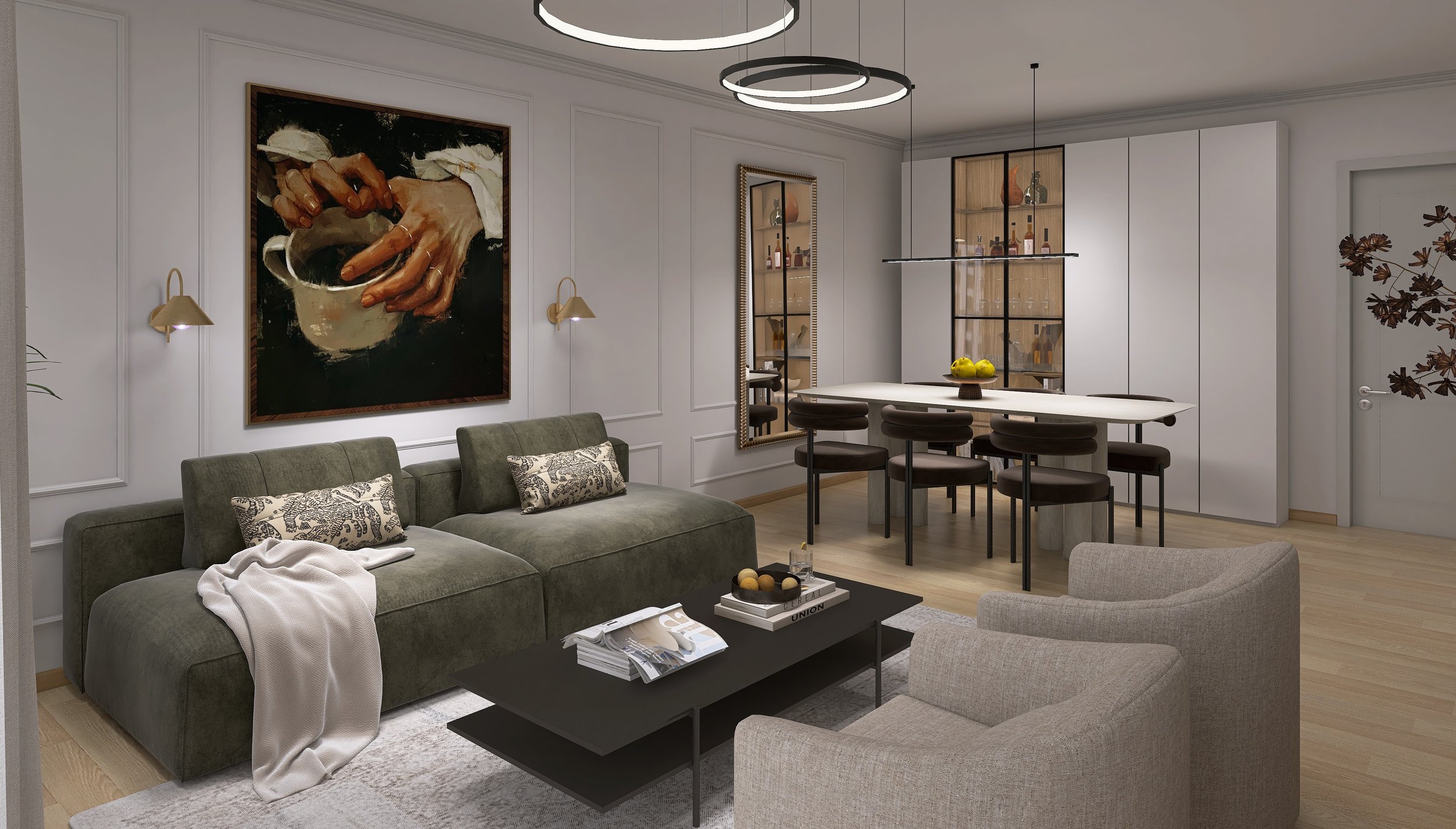 Rendering schräge Ansicht grüne Couch mit Esstisch