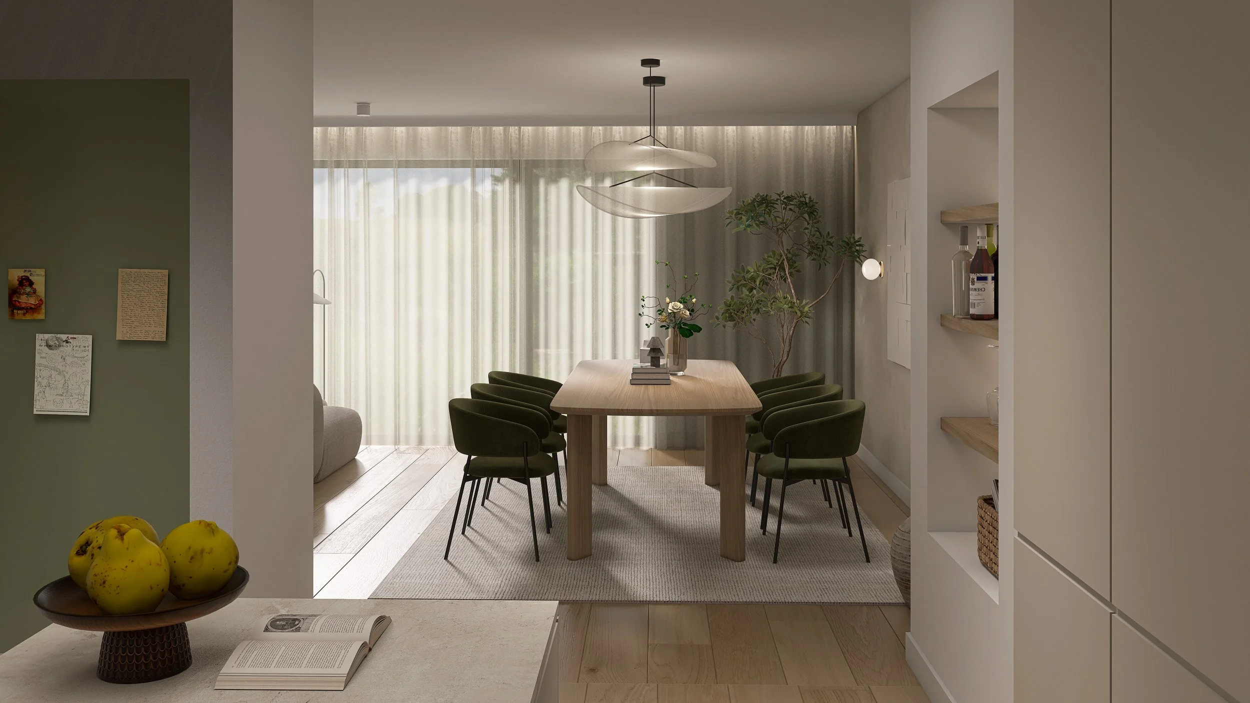 Green Zen Home - Japandi inspiriertes Interior Design als 3D-Rendering - Holz Esstisch mit grünen Samtstühlen und heller Dekoration