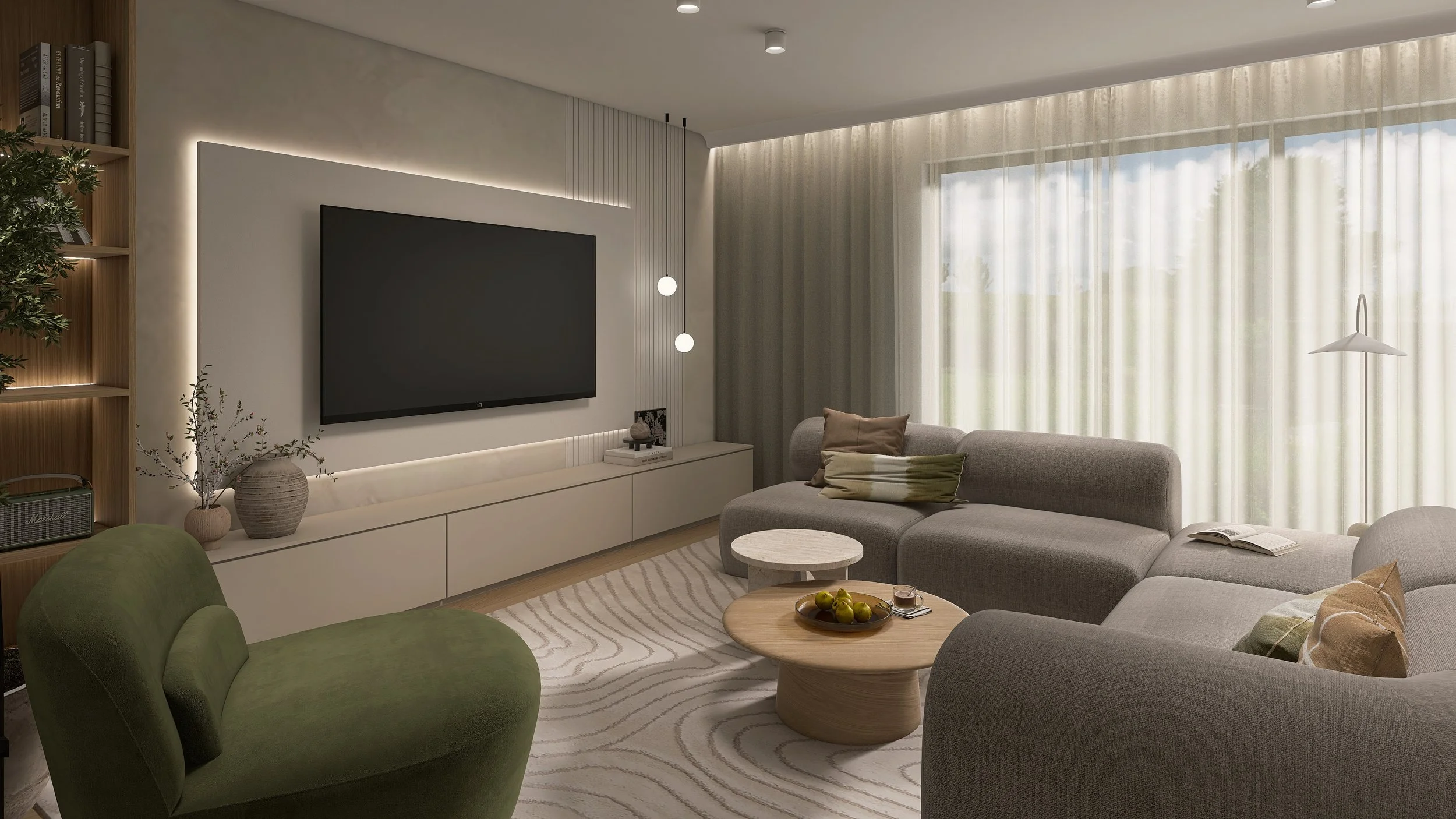 Green Zen Home - Japandi inspiriertes Interior Design als 3D-Rendering - moderne Wohnwand mit modularer minimalen Couch & Akzentsessel in Samtgrün