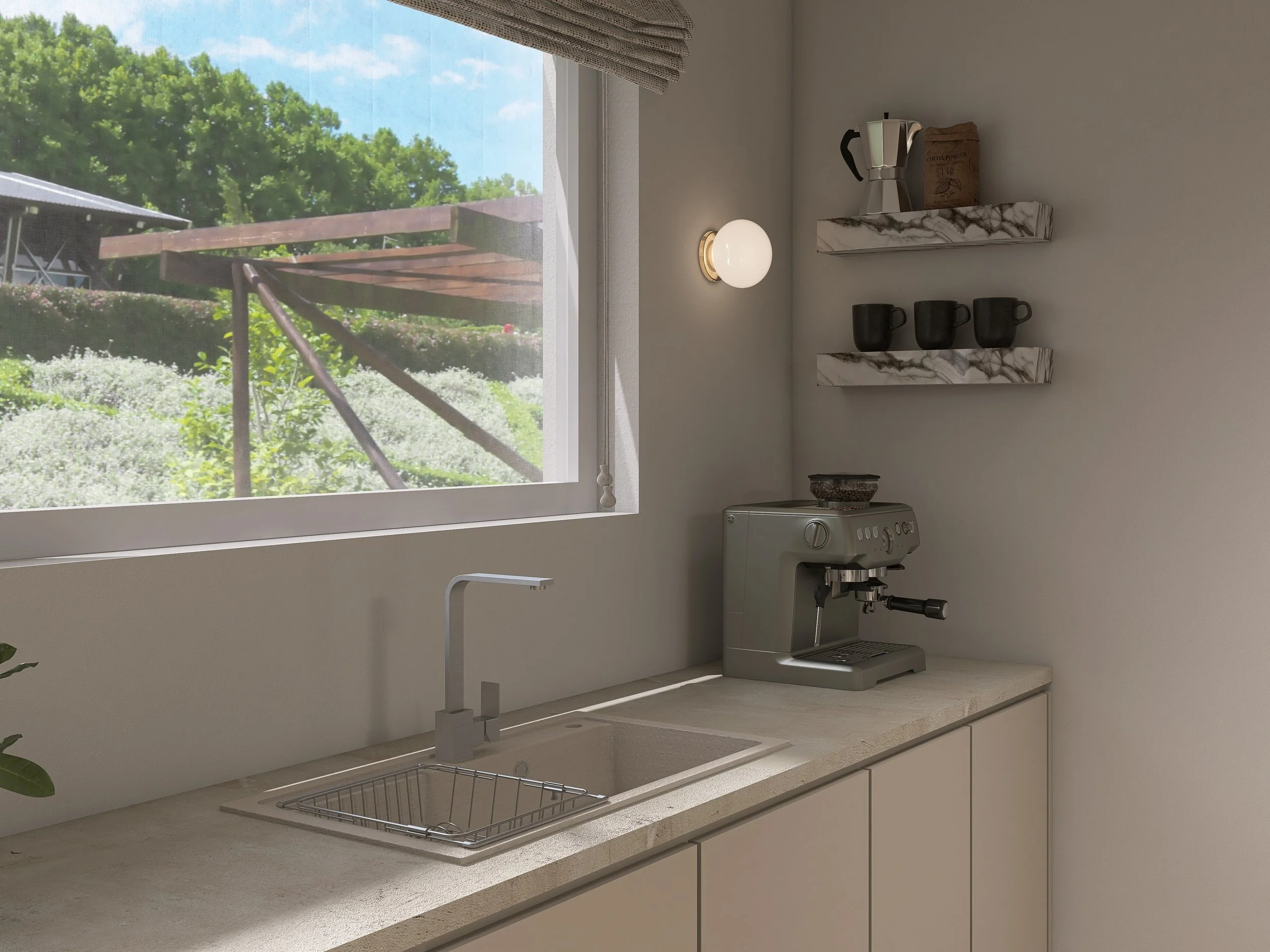 Green Zen Home - Japandi inspiriertes Interior Design als 3D-Rendering - Minimalistische Küche in hellbeige mit Keramik-Arbeitsplatte und Coffee-Station