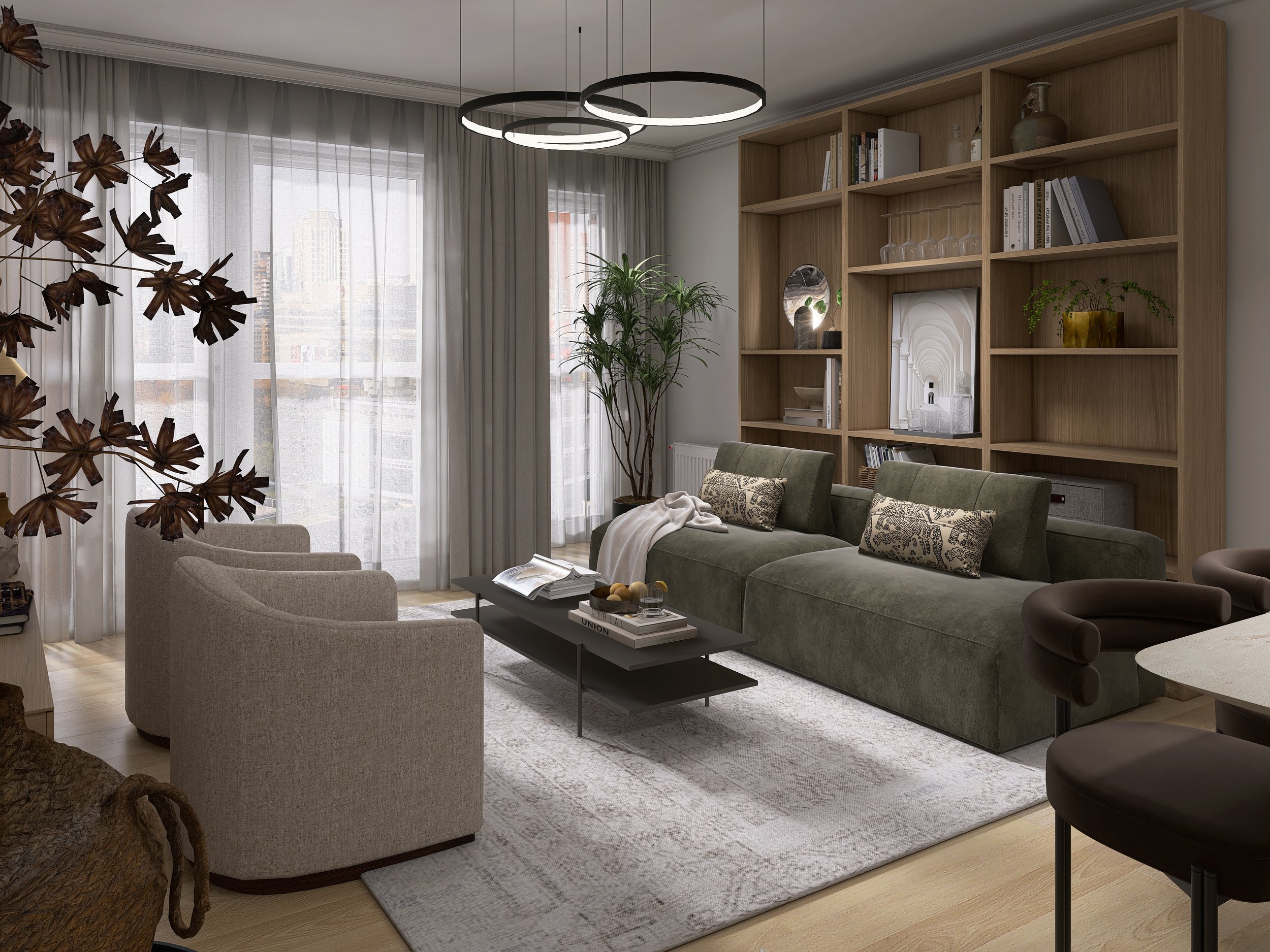 Rendering alternative Ansicht Wohnbereich mit grüner Couch, zwei Sesseln und Holzregal dahinter