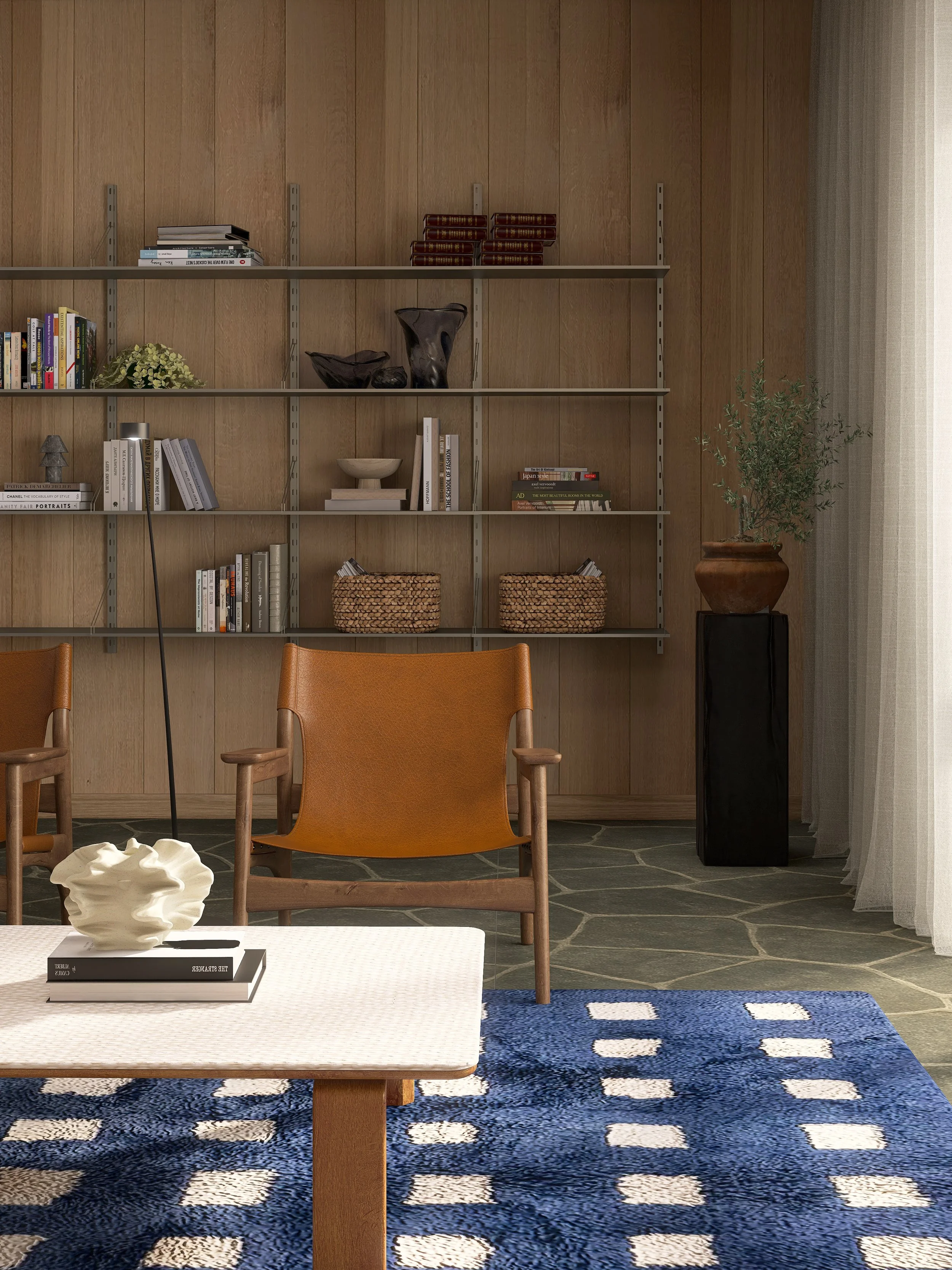 Regal, Midcentury-Holzsessel, Leselampe, Couchtisch