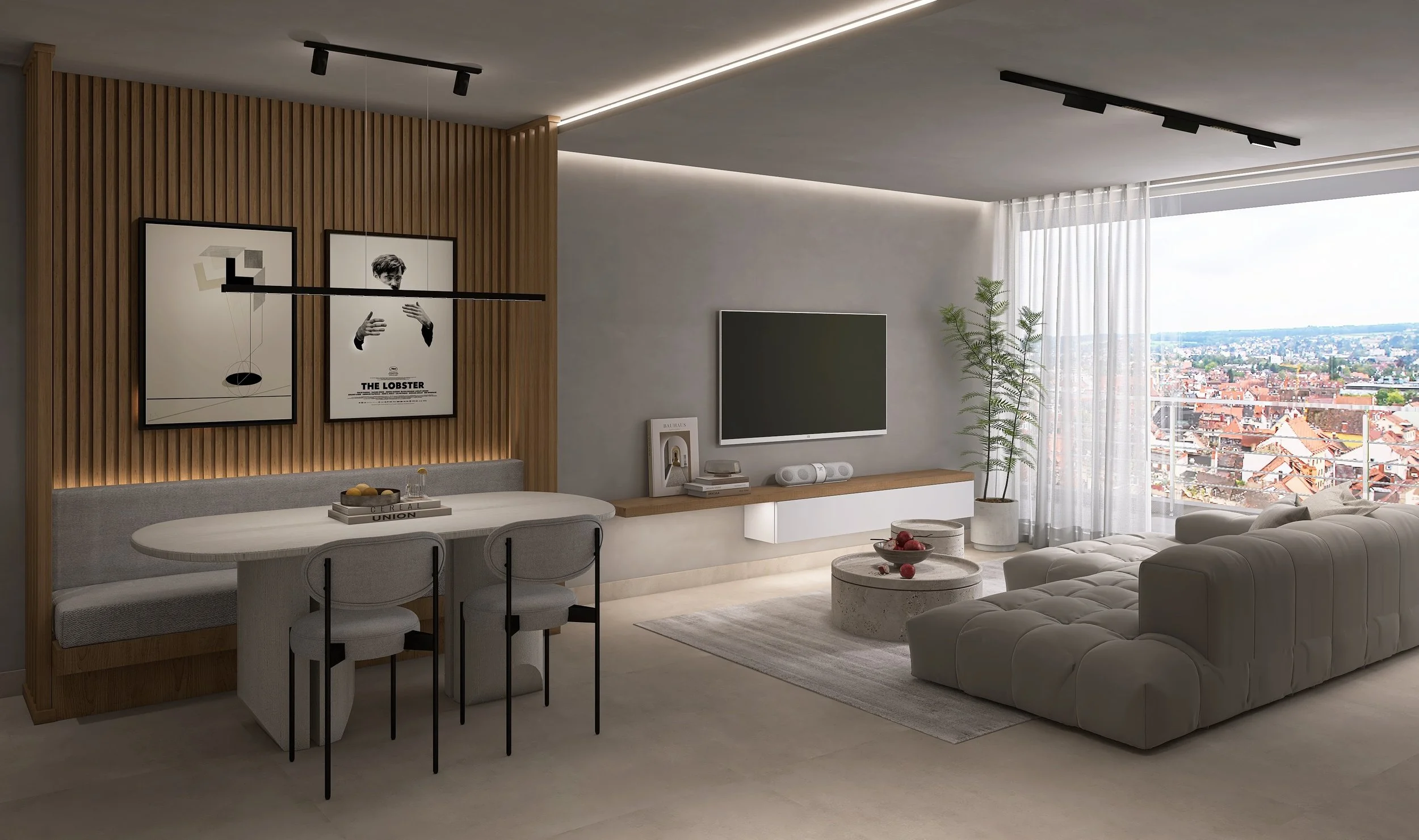 Moderne Wohnzimmer mit offener Gestaltung, grauem Ecksofa, TV an der Wand, Holzdetails, großen Fenstern mit Blick auf die Stadt, beleuchteten Decken und moderner Dekoration