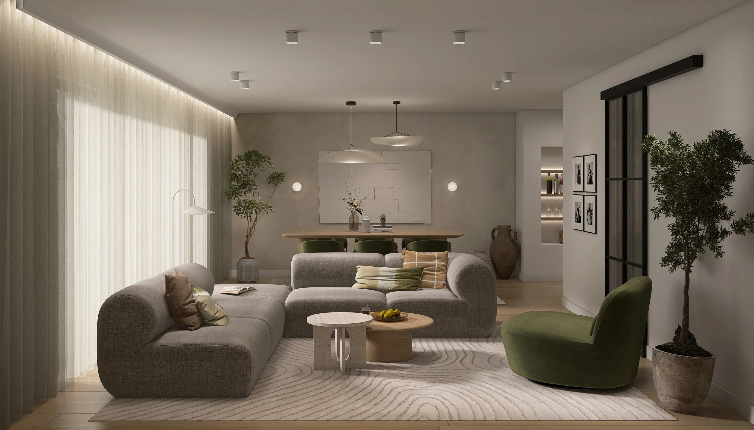 Green Zen Home - Japandi inspiriertes Interior Design als 3D-Rendering - Holzesstisch mit modularer minimalen Couch & Akzenten in Samtgrün
