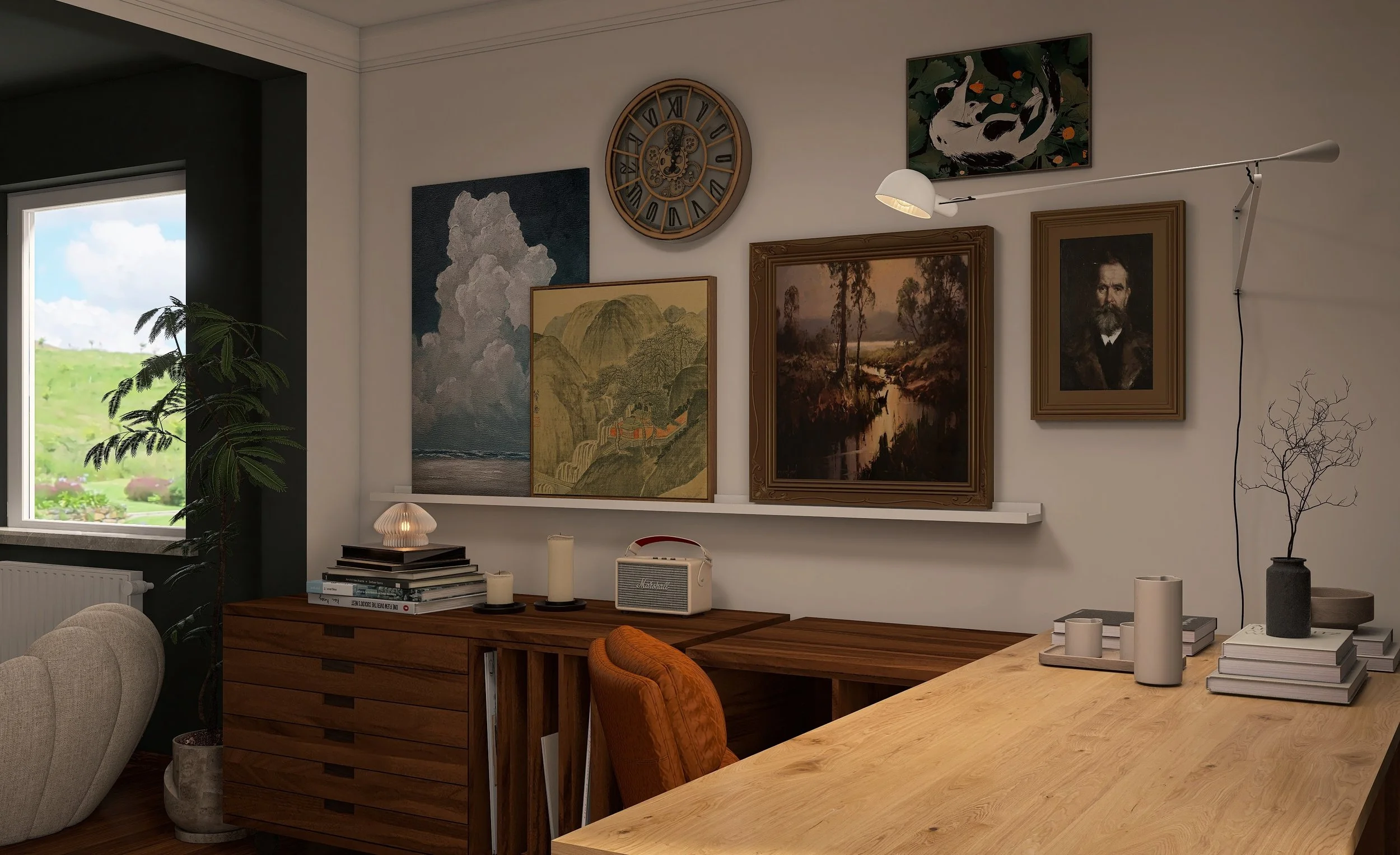 Interior Design Soft Academia Studio & Lounge Rendering Ansicht Schreibtisch und Gallery Wall