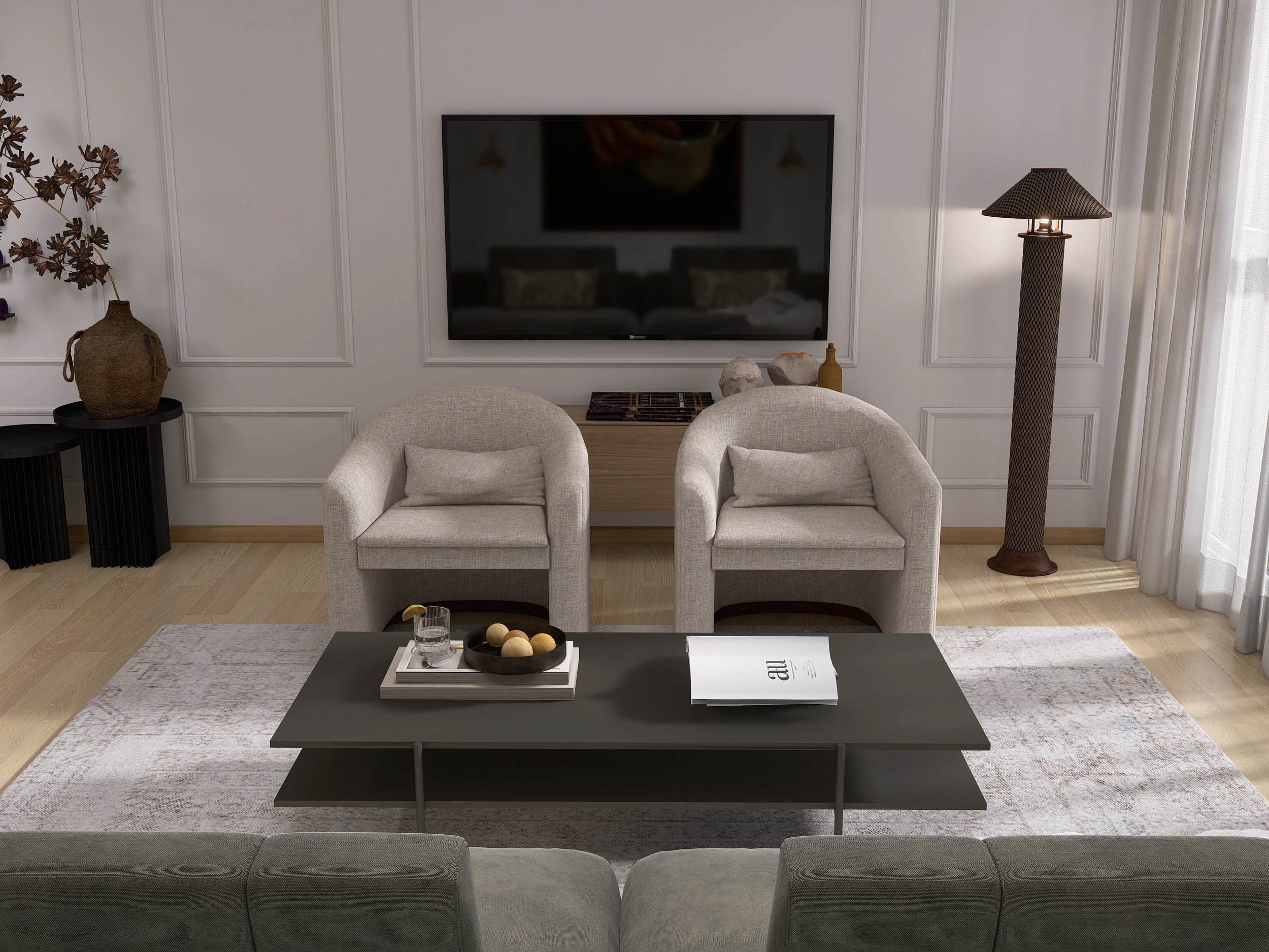 Rendering Ansicht zwei helle Sessel mit TV dahinter