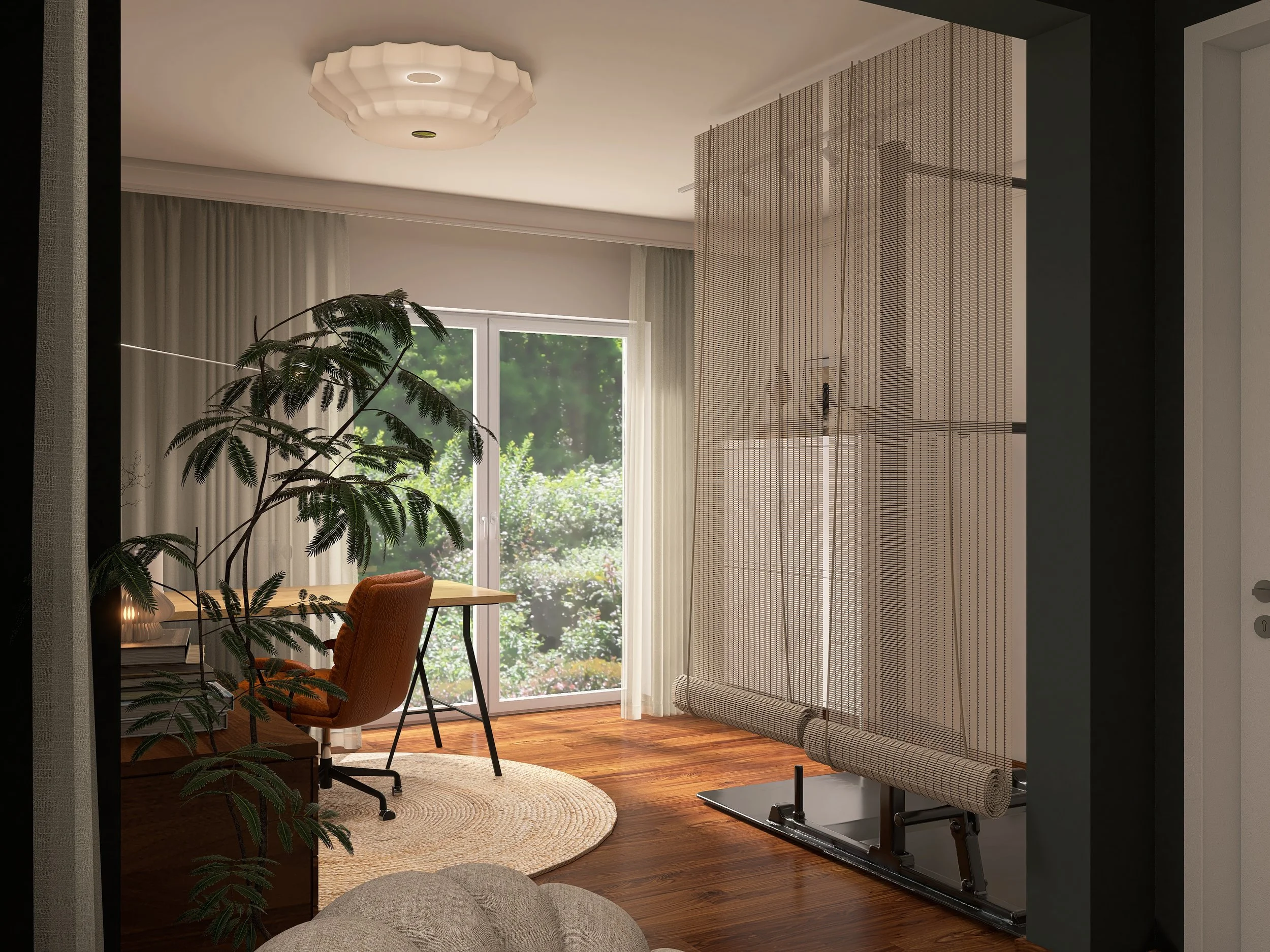 Interior Design Soft Academia Studio & Lounge Rendering Aerial Ansicht Sportstudio und Homeoffice mit Raumtrenner naturfaser-Rollo