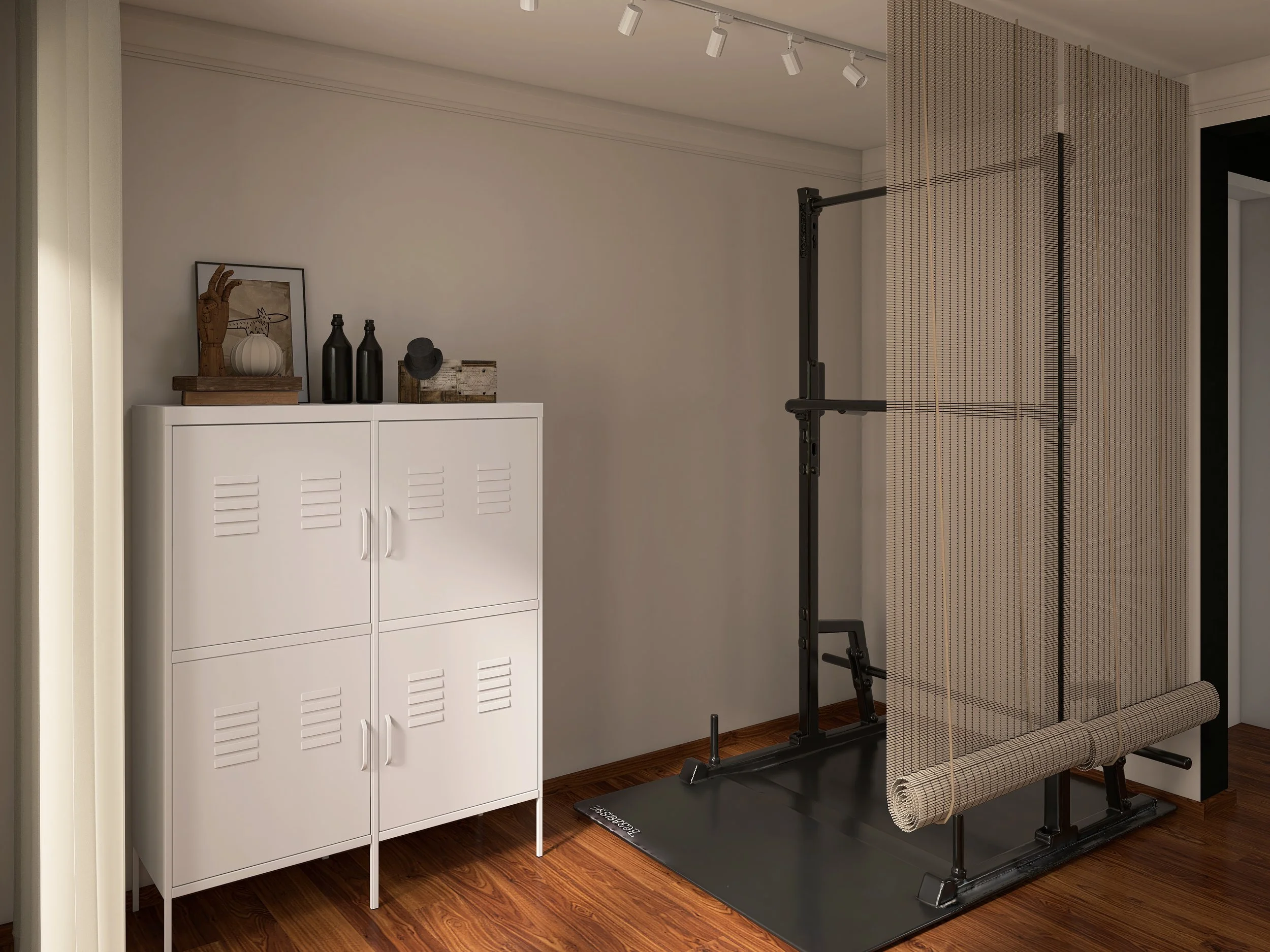 Interior Design Soft Academia Studio & Lounge Rendering Ansicht Sportbereich mit Metallschrank und Traingsgerät zuhause