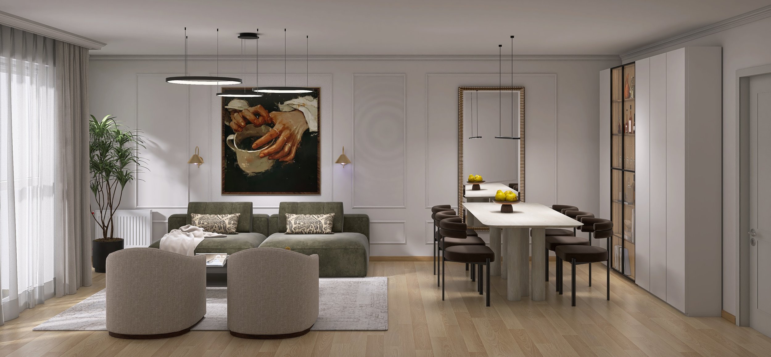 Rendering seitliche Ansicht auf Wohnzimmer mit Esstisch