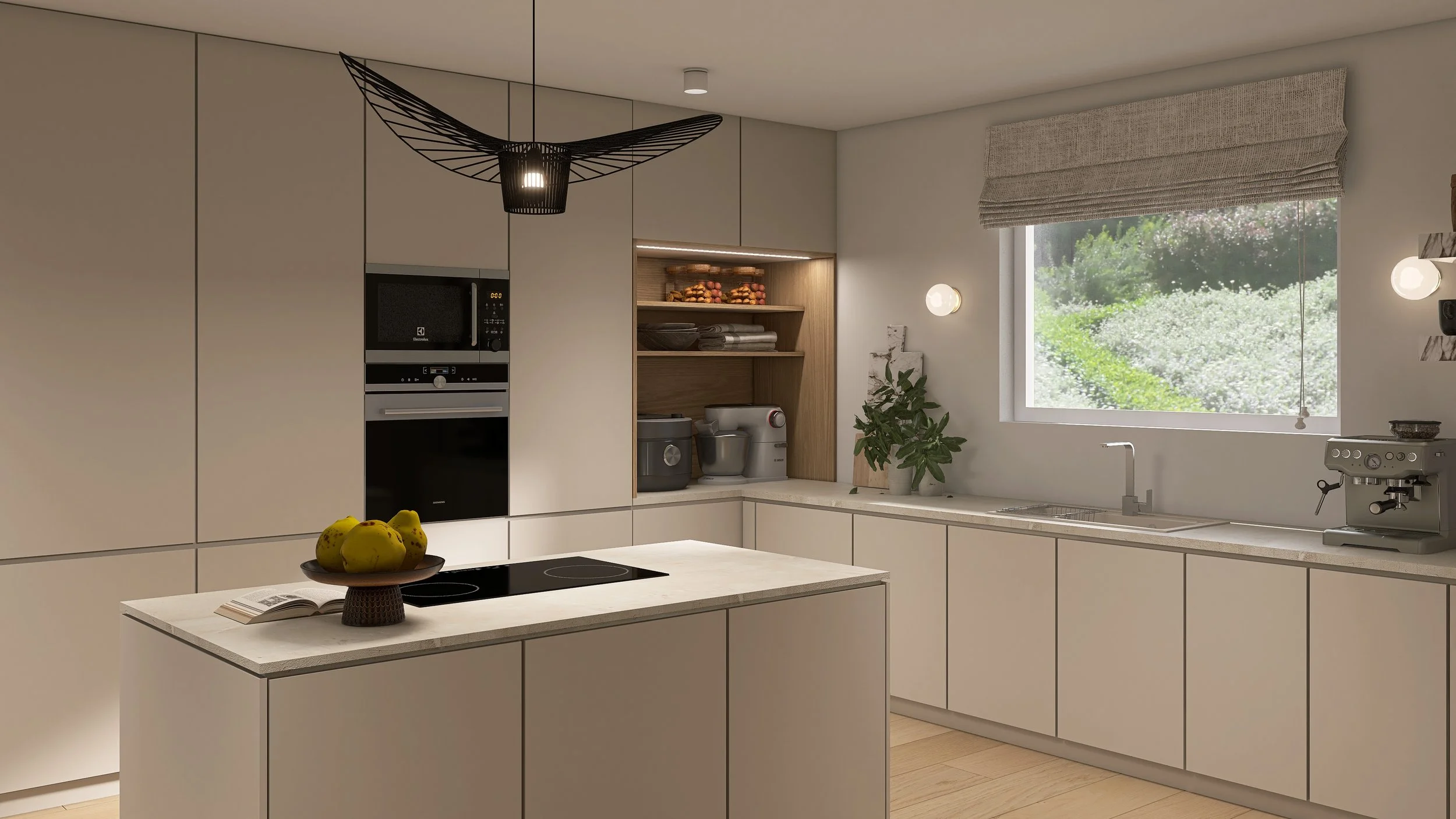 Green Zen Home - Japandi inspiriertes Interior Design als 3D-Rendering - Minimalistische Küche in hellbeige mit Akzentnische für Küchengeräte in heller Eiche