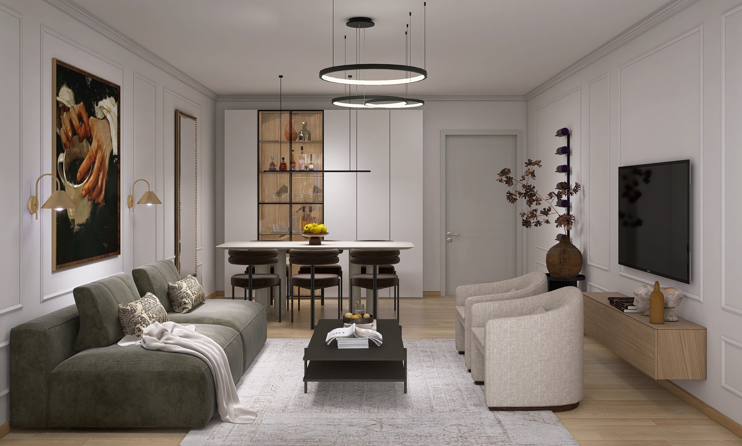 Renderings seitliche Ansicht Wohnzimmer mit Essbereich elegant und hell