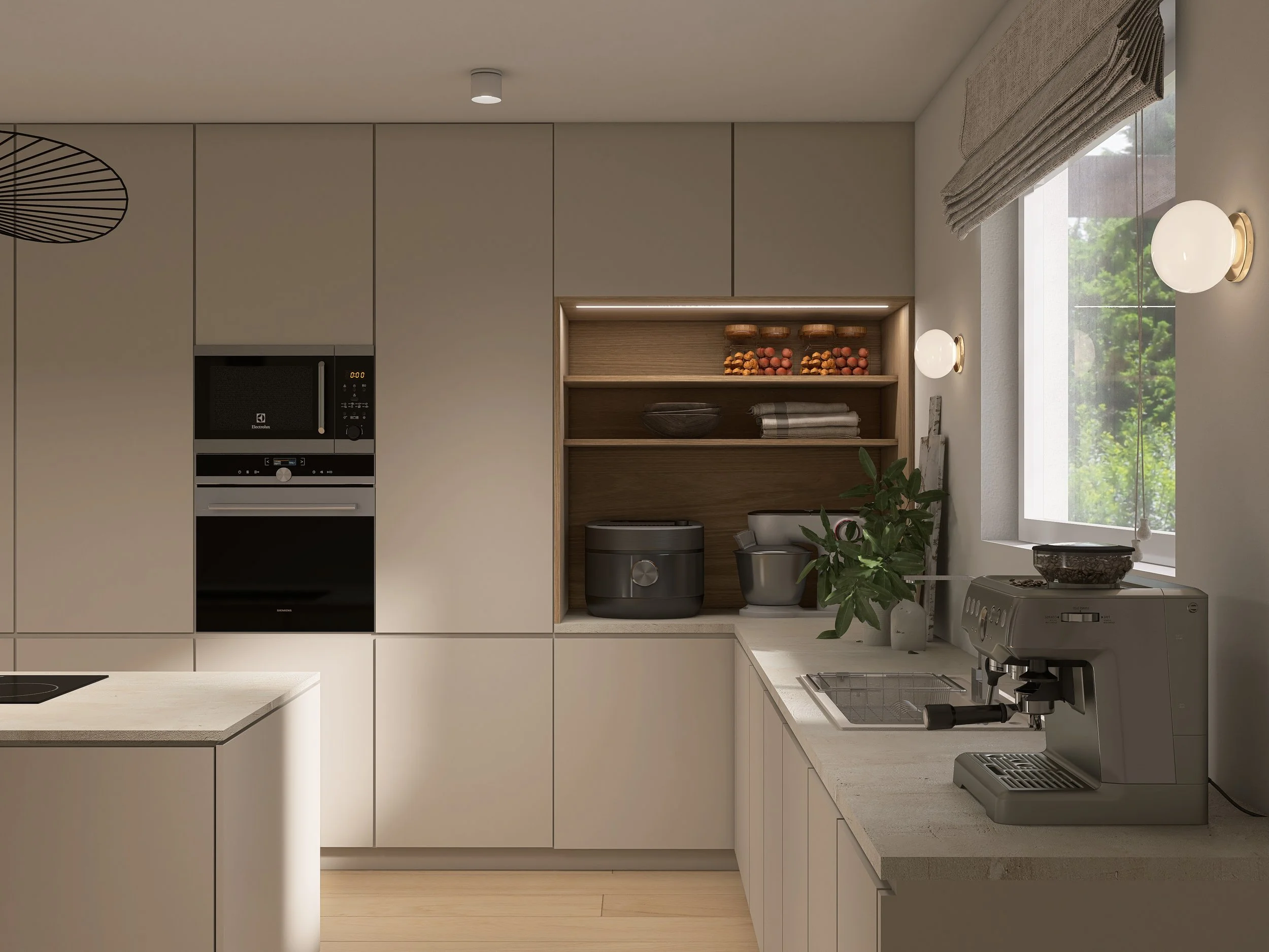 Green Zen Home - Japandi inspiriertes Interior Design als 3D-Rendering - Minimalistische Küche in hellbeige mit Akzentnische für Küchengeräte in heller Eiche