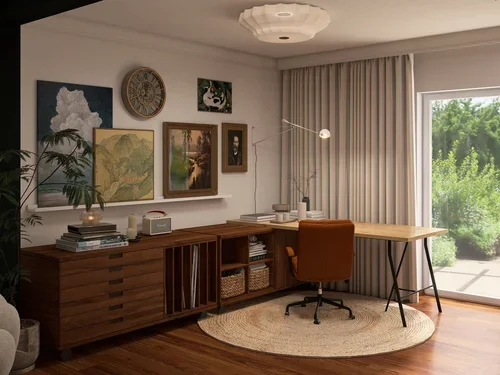 3D Rendering eines Soft Academia Arbeitsbereichs mit massivem Holz-Sideboard, Vintage Gallery Wall und Cognac-Lederstuhl – Interior Design von Julia Heeke