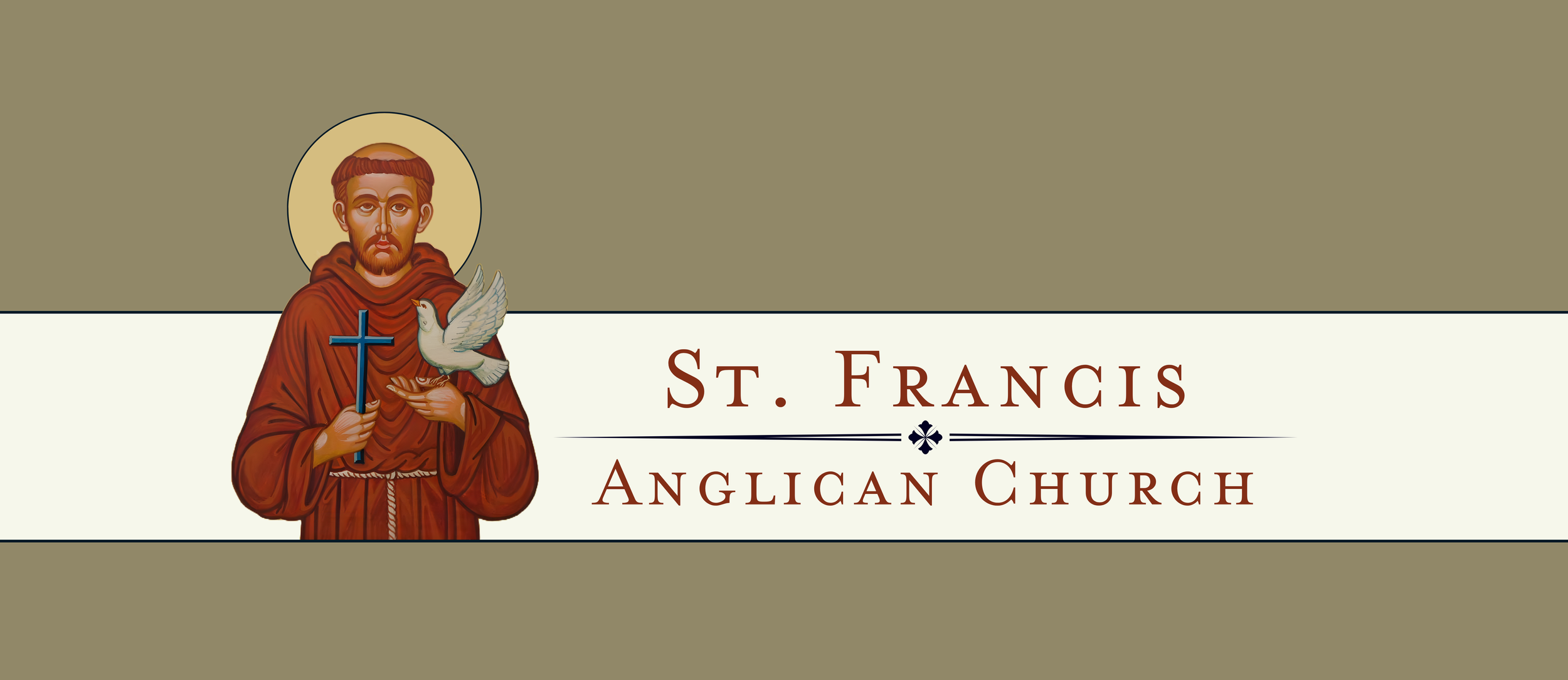 Logo of St. Francis Anglican Church featuring a saint with a halo, holding a cross and a dove, with the church name written next to