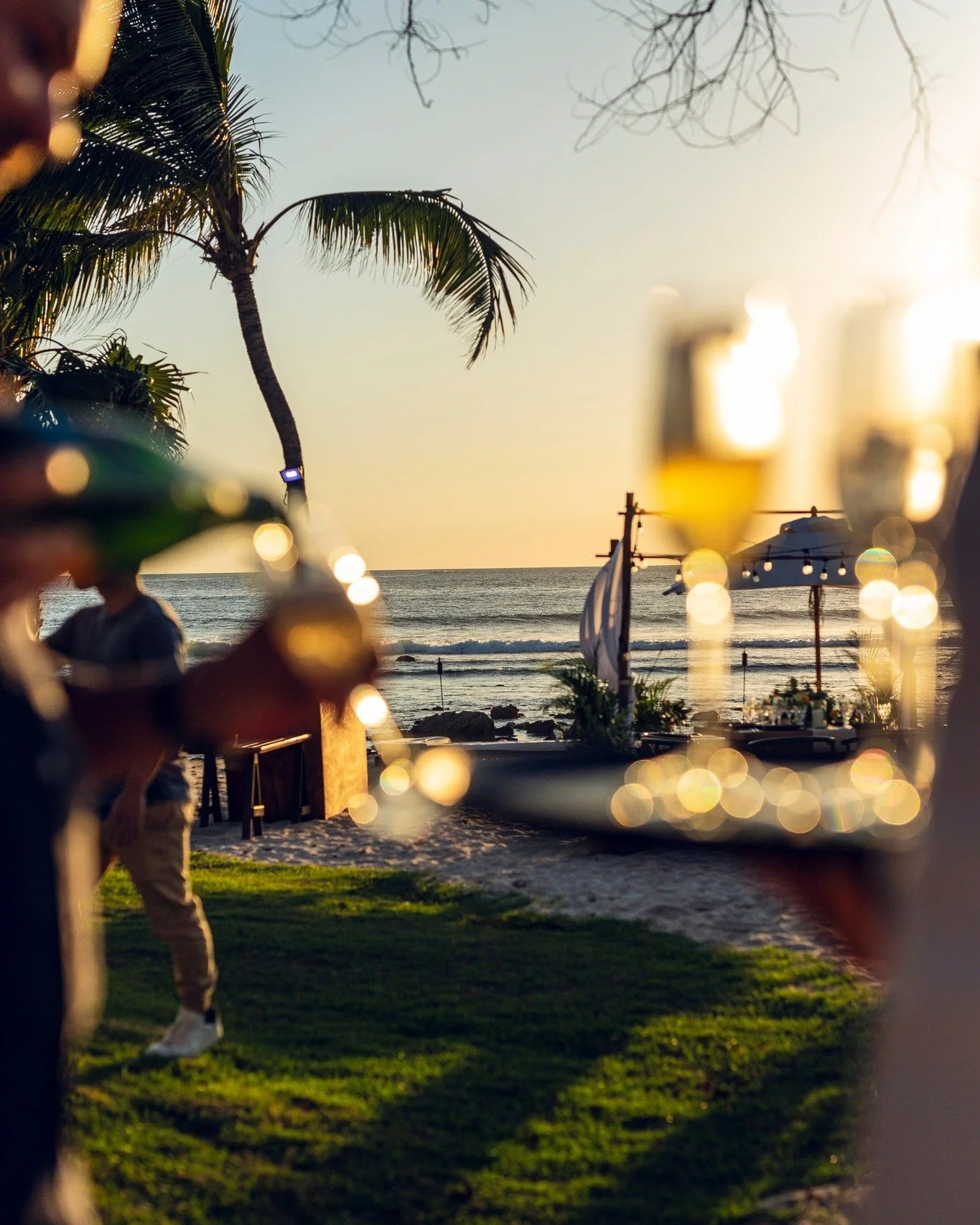 Members champagne at sunset on a beach