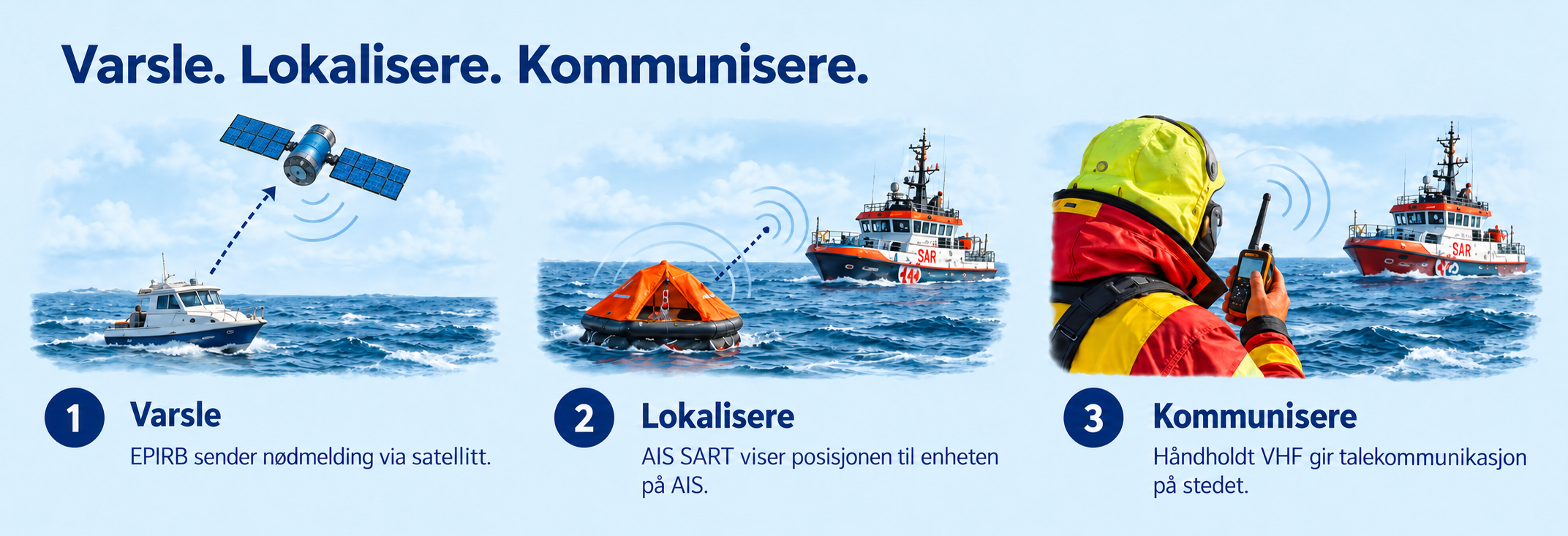 Varsle, lokalisere og kommunisere: EPIRB sender nødmelding via satellitt, AIS SART viser posisjon på AIS, og håndholdt VHF gir talekommunikasjon.