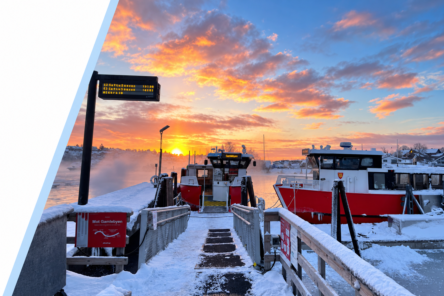 Fredrikstad byferge ved kai i snøvær med solnedgang i bakgrunnen, snø på dekket og land, med overskyet himmel og damp stige opp fra vannet.