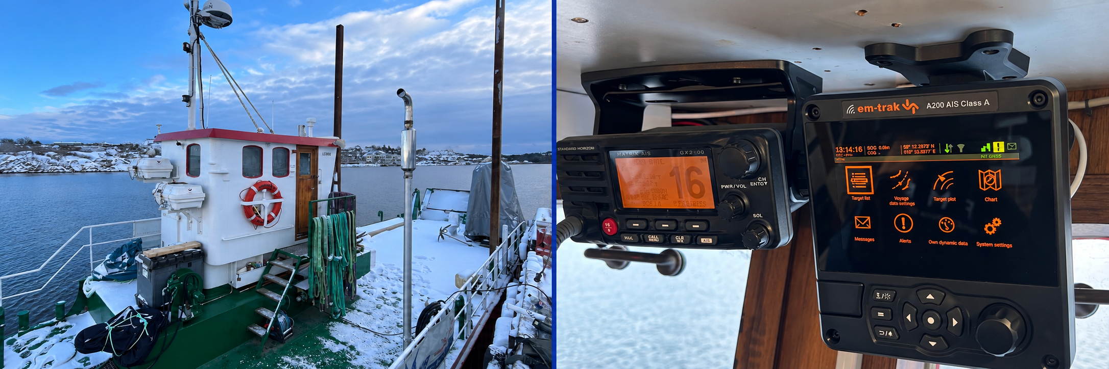Snødekket arbeidsbåt i norsk skjærgård og navigasjonsutstyr med AIS-skjerm og maritim radio i styrehuset.
