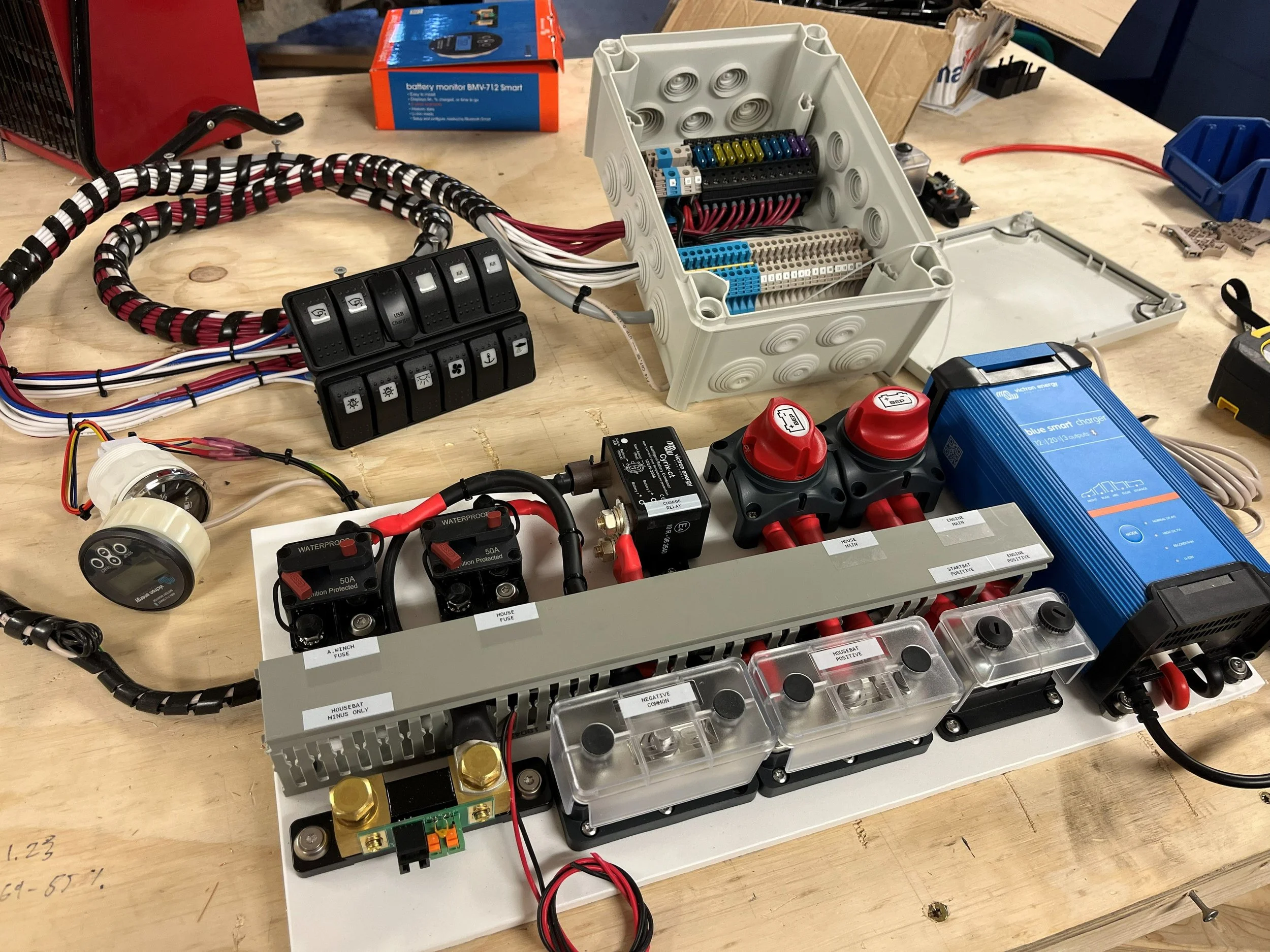 Elektrisk kontrollboks med jordings- og koblingspunkter, kobber- og plastkomponenter, kabler og en digital måler på et arbeidsbord.