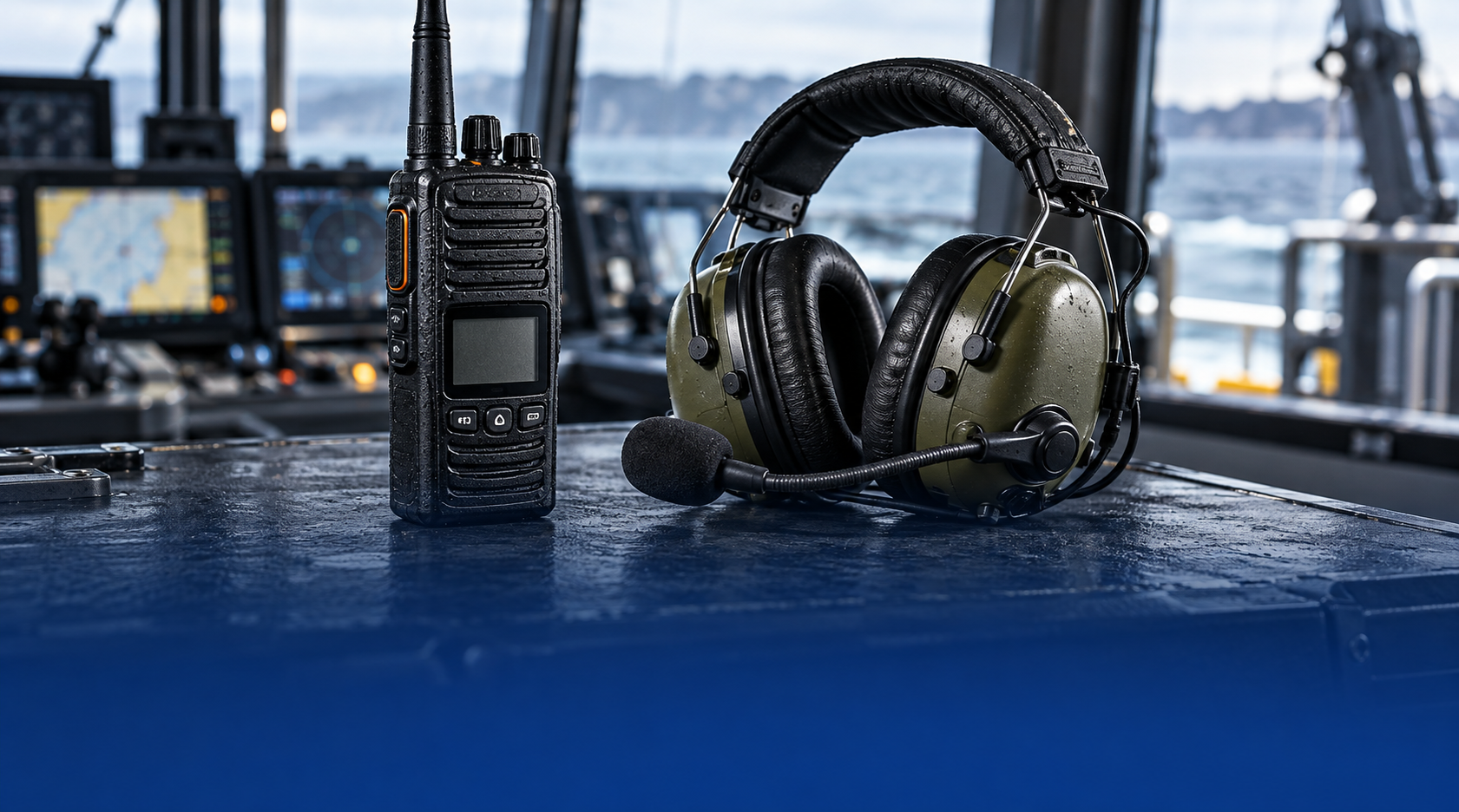 Kommunikasjonsutstyr på bro yrkesfartøy, med radio, Peltor headset og mikrofon for VHF