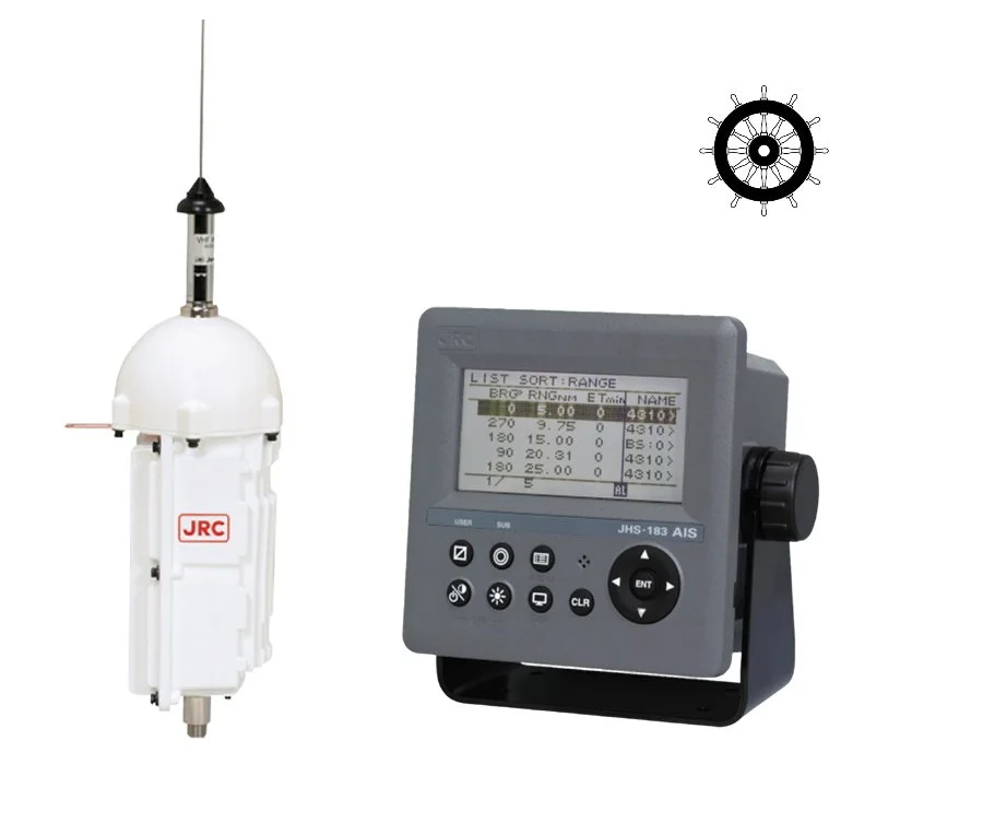 JRC JHS-183 AIS-mottaker med VHF-antenne og sjøfartsymbol