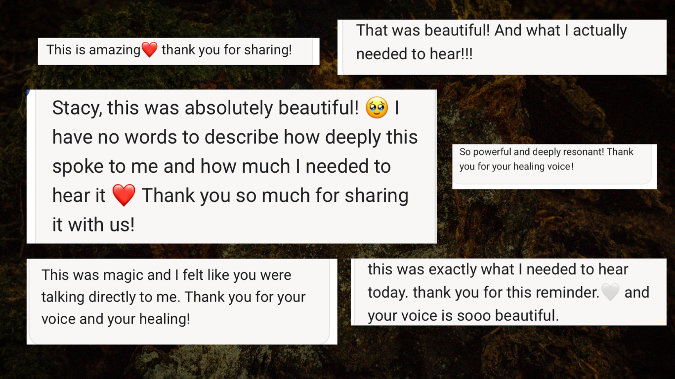Collection of positive comments and gratitude messages about a healing voice, amid a natural background with moss and rocks.