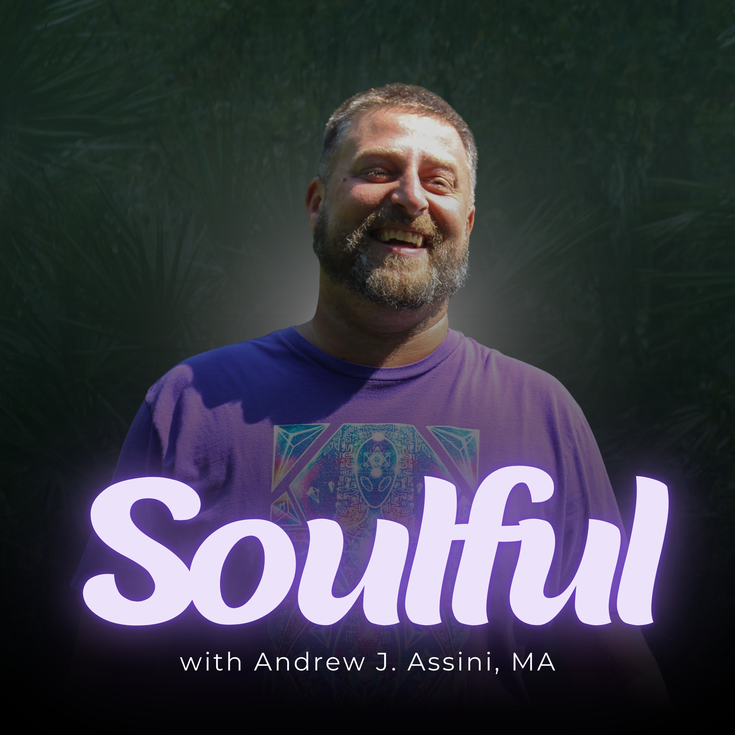 Drew smiling, wearing a purple shirt, with SOULFUL in neon light purple below the image