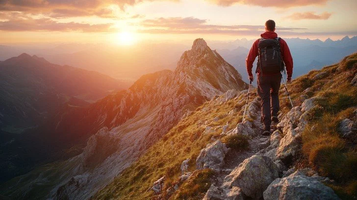 A hiker walking on a rocky mountain trail during sunset, with mountain peaks in the background.