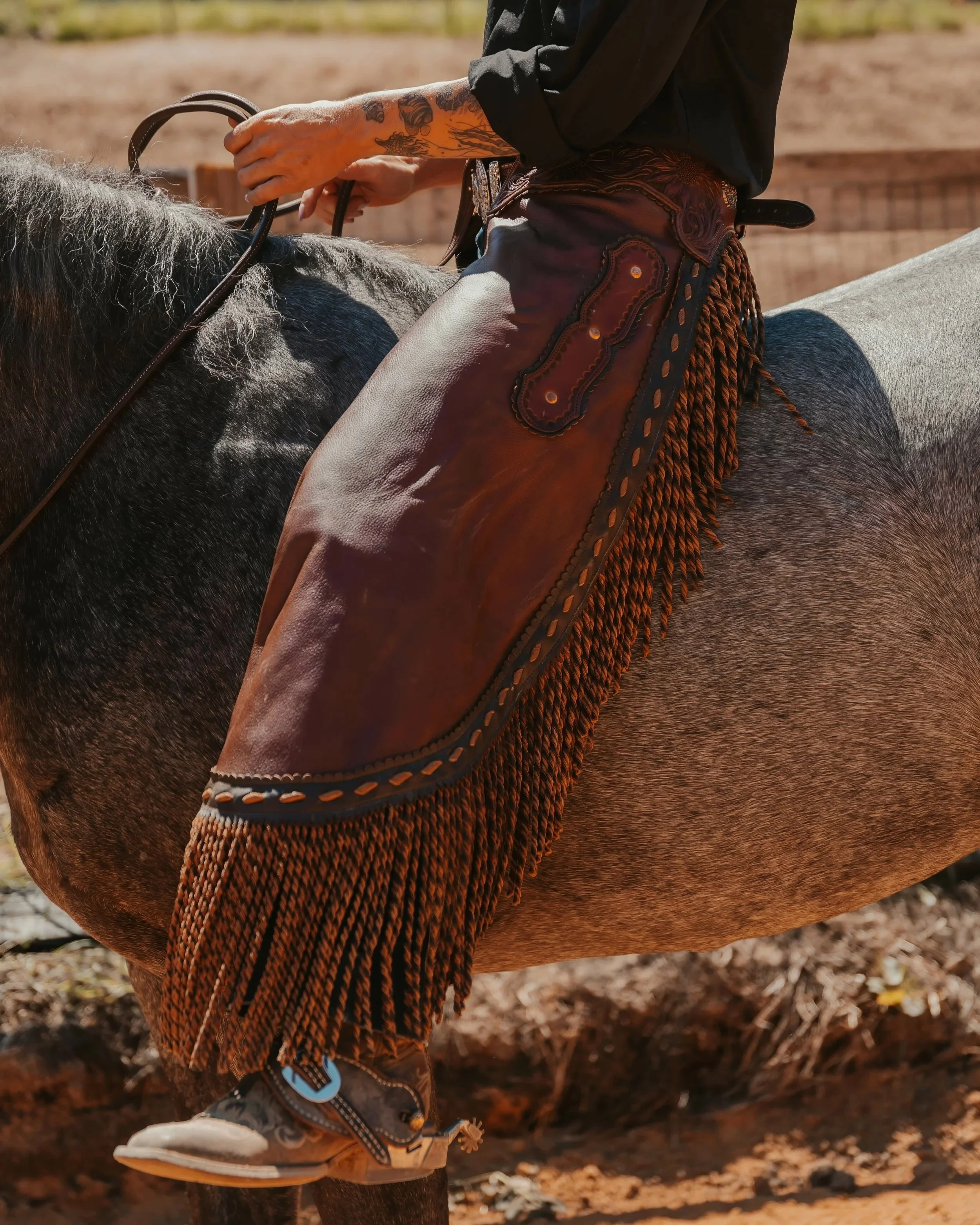 A person wearing cowboy chinks and jeans riding a horse, with the focus on their legs and hands holding the reins.