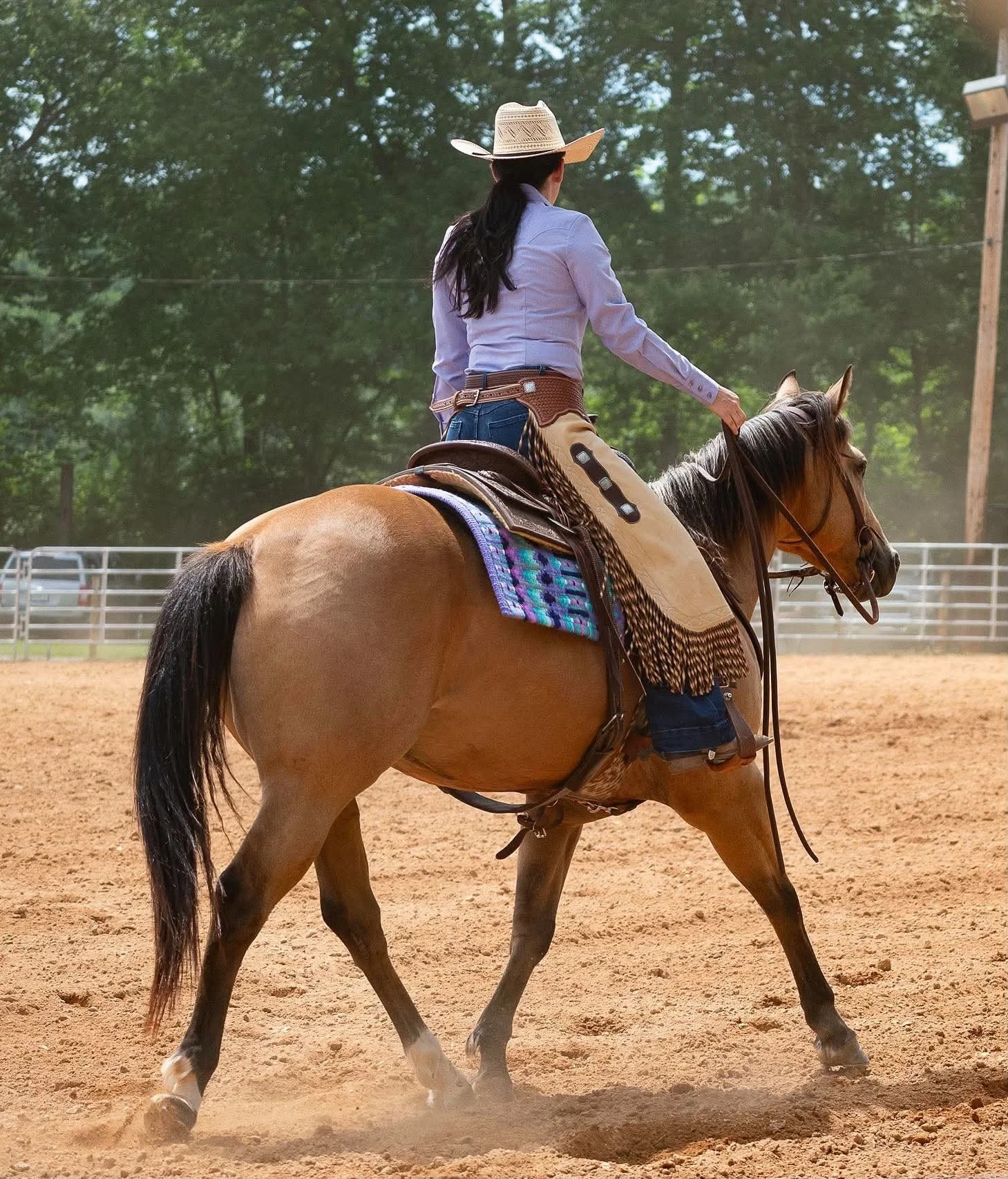 A woman riding a brown horse with a black mane and tail in an outdoor arena. She is wearing a cowboy hat, a light purple long-sleeve shirt, and jeans, with a colorful saddle blanket on the horse. Trees and a white fence are visible in the background.