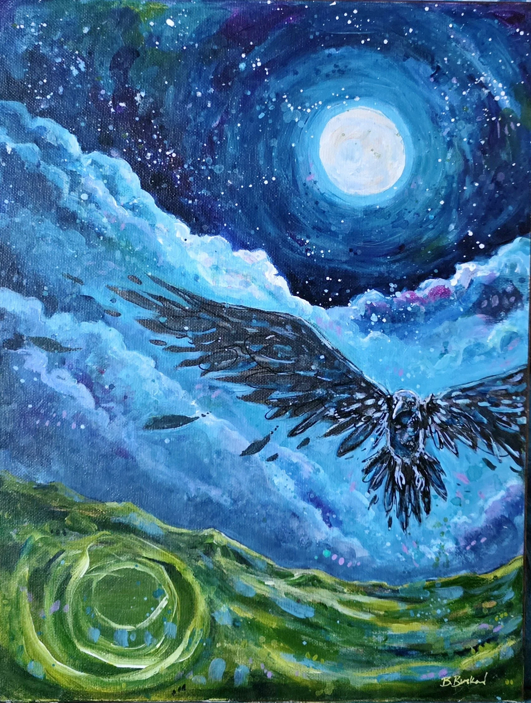 Evening Flight, mixed media on canvas hardbord. Available.